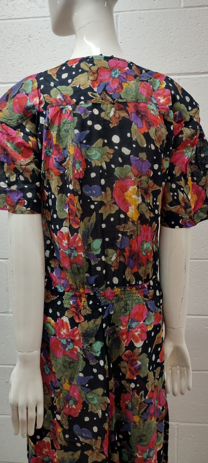 80s 90s White Polka Dress Fuchsia Floral Gauzy Cotton M BIG POCKETS EPIC SLEEVE