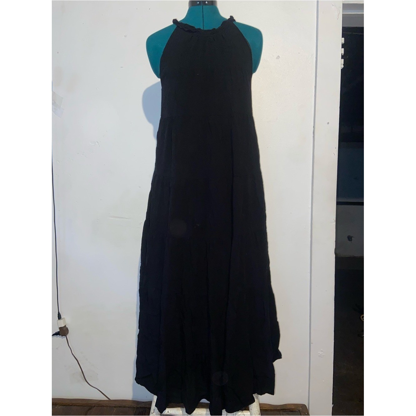 Haeof Minimalist Old Money Cottagecore Goth Black Tiered Halter Maxi Dress