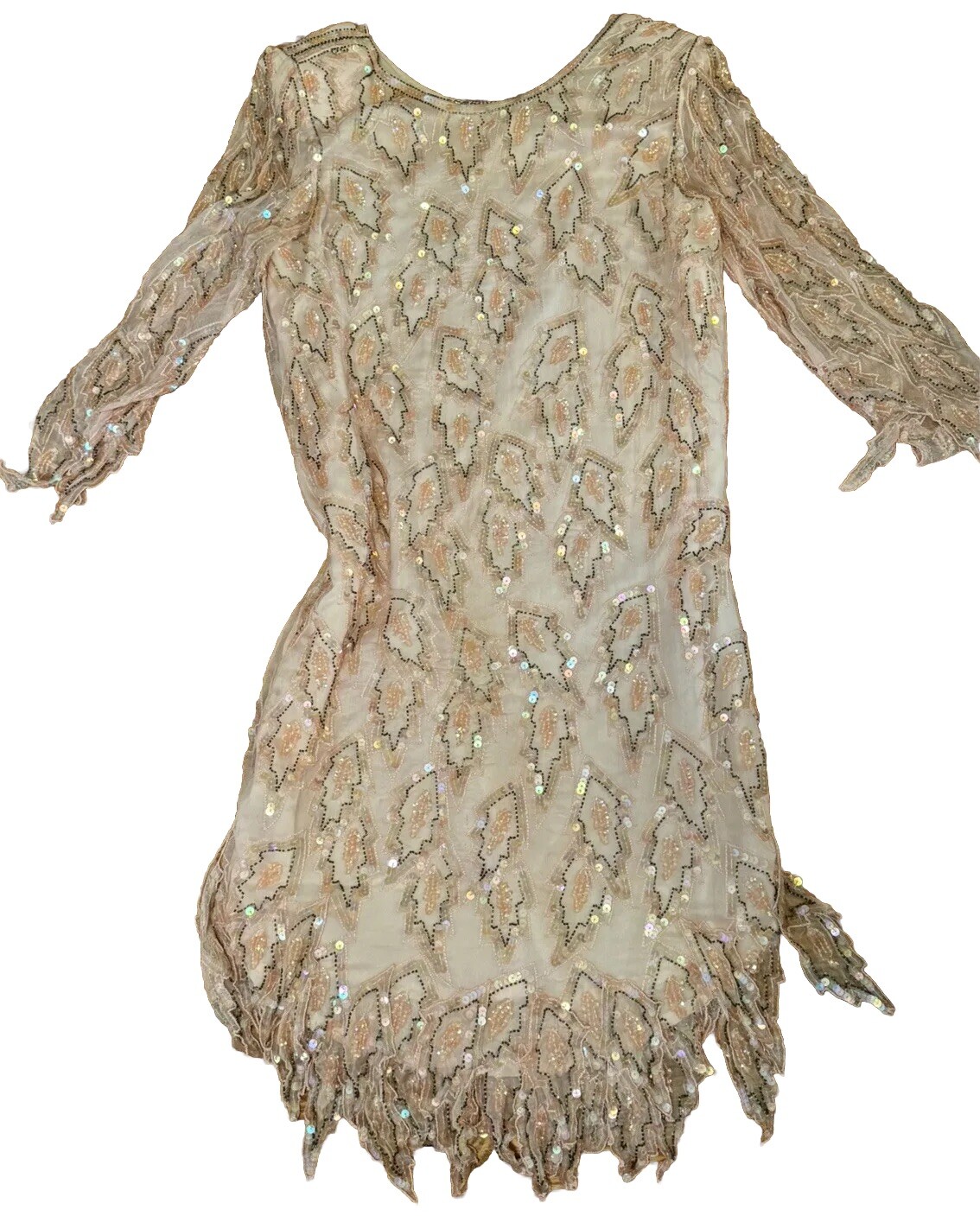 Vintage Carina Pink Sequin Beaded Silk Dress Handkerchief Overlay Hem Size Small