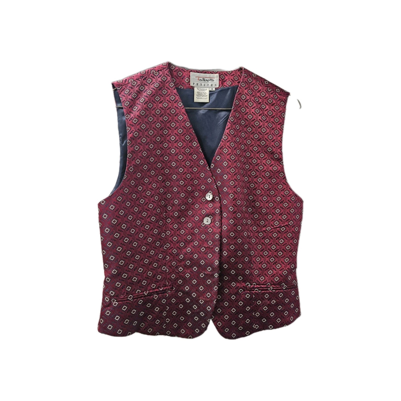 Talbots Petites Patterned Vest 2 Button Burgandy Geometric ined Womens 4 VTG