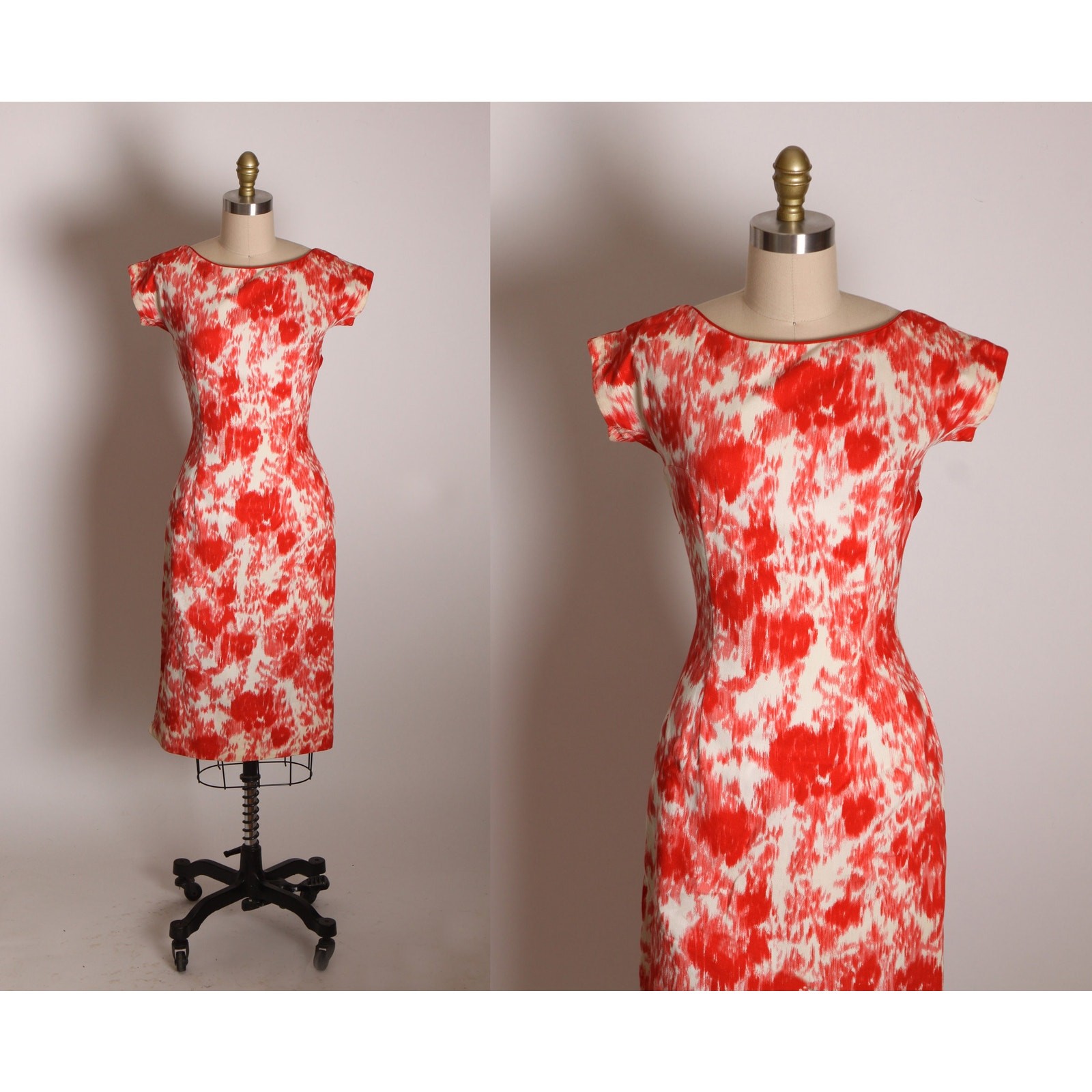 1950s Coral Red Orange Pink White Abstract Short Sleeve Wiggle Dress