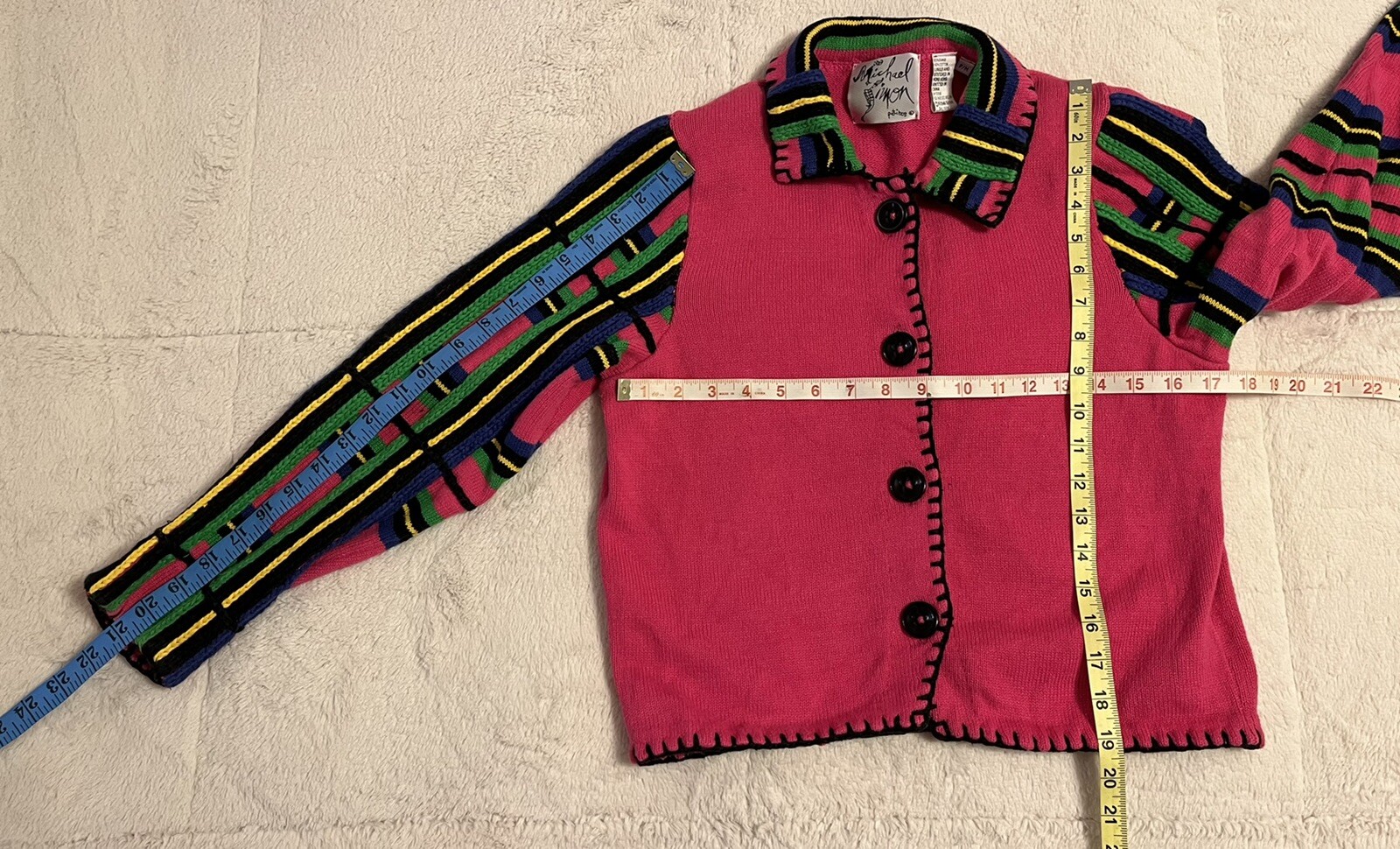 Vtg 90’s Michael Simon Hot Pink Multi Button Up Cardigan Wm Med Petite Collared