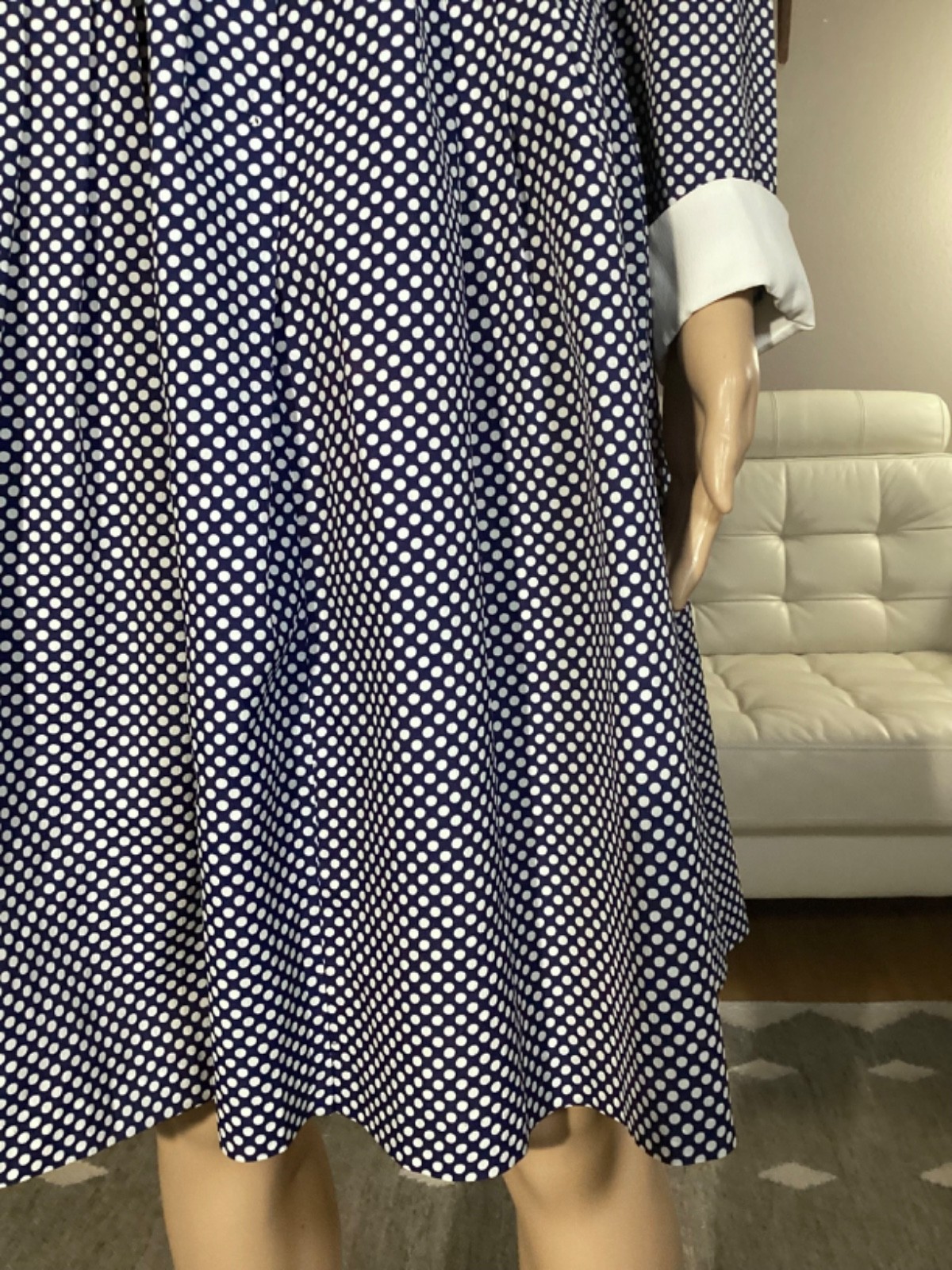 Vintage 70s Aldens Fashions Blue White Polka Dot Dagger Collar Fit & Flare Dress