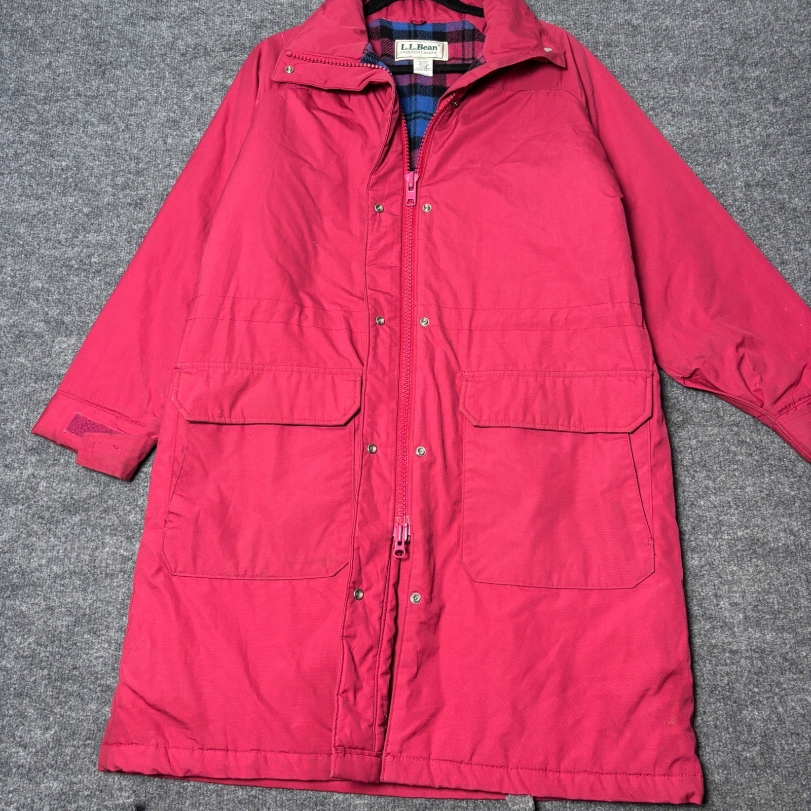 LL Bean Parka Womens Medium Raspberry Pink Thinsulate Wool Plaid Lined Coat USA
