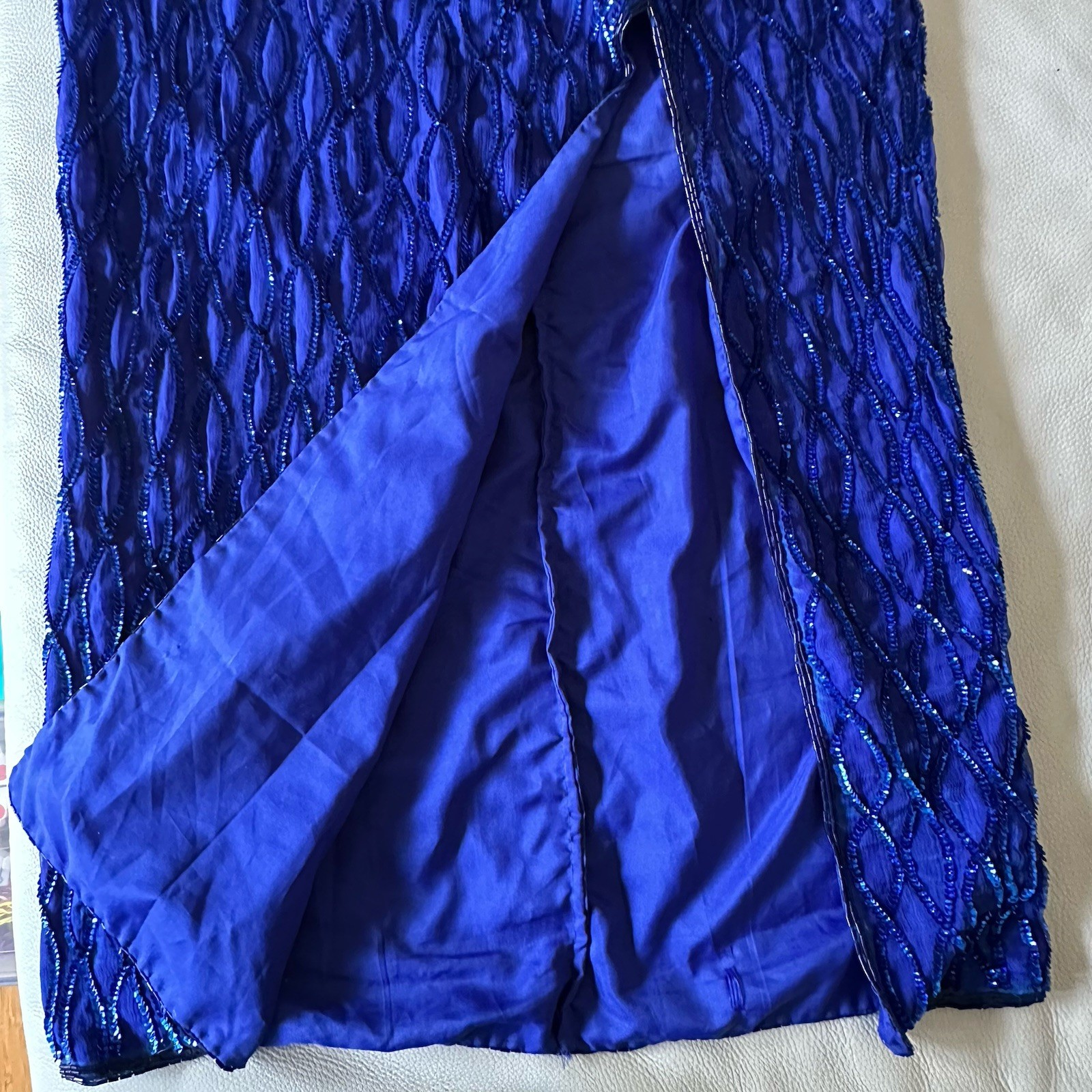 Vintage LAURENCE KAZAR Royal Blue BEADED Sequin Silk HALTER GOWN Long Formal M