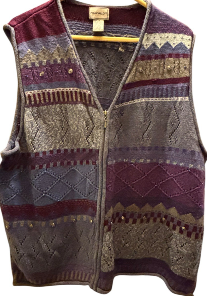 Vintage Napa Valley Sweater Vest 2X Plus Knit Zip Front Fair Isle Grandmacore