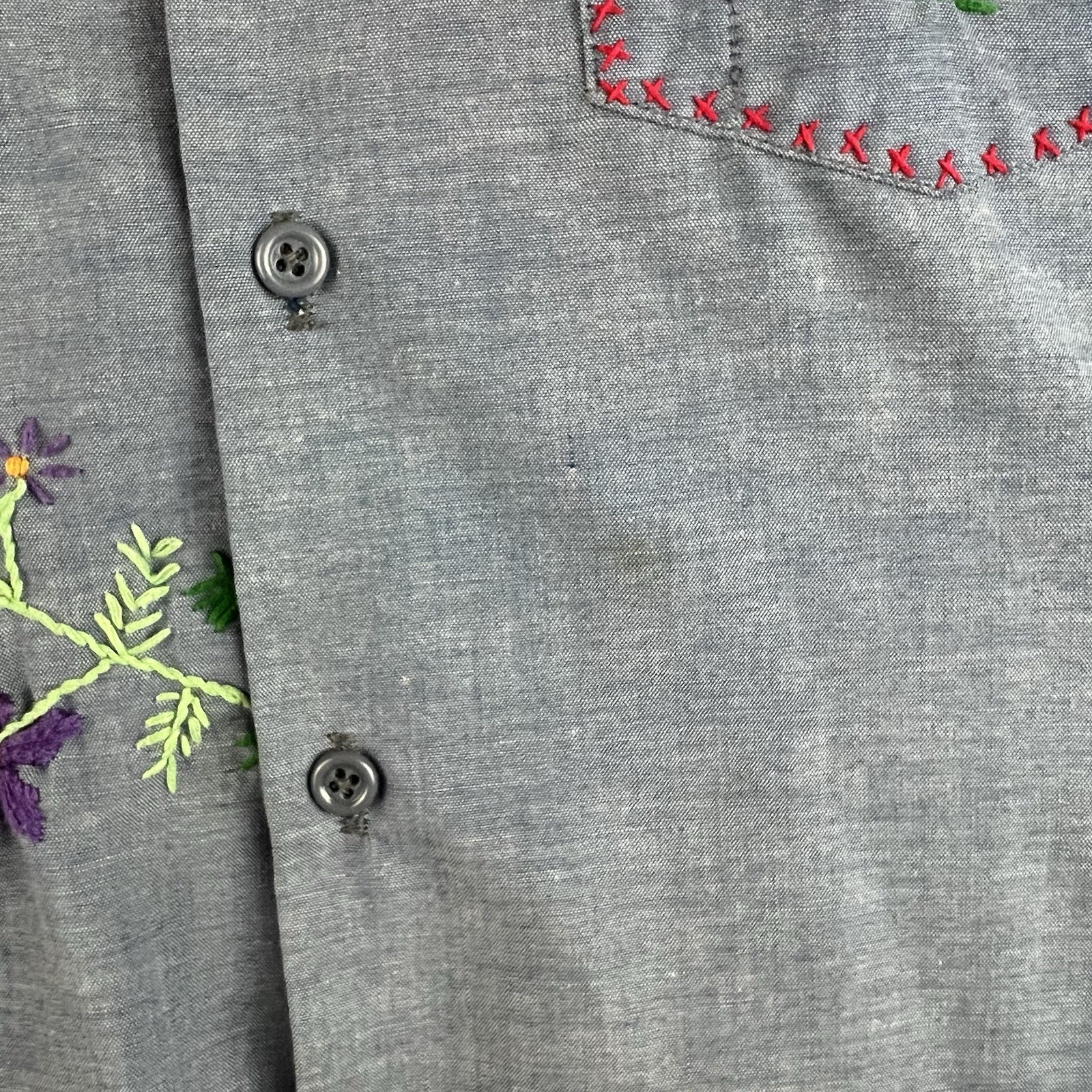 VTG 70s Key Imperial Embroidered Flowers Chambray Work Shirt Boho Hippie L USA