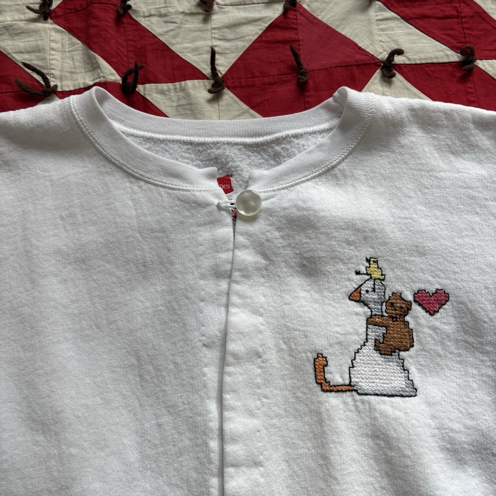 Vintage Y2K Cross Stitch Open Front Sweatshirt Women’s Cute White Grandma Style