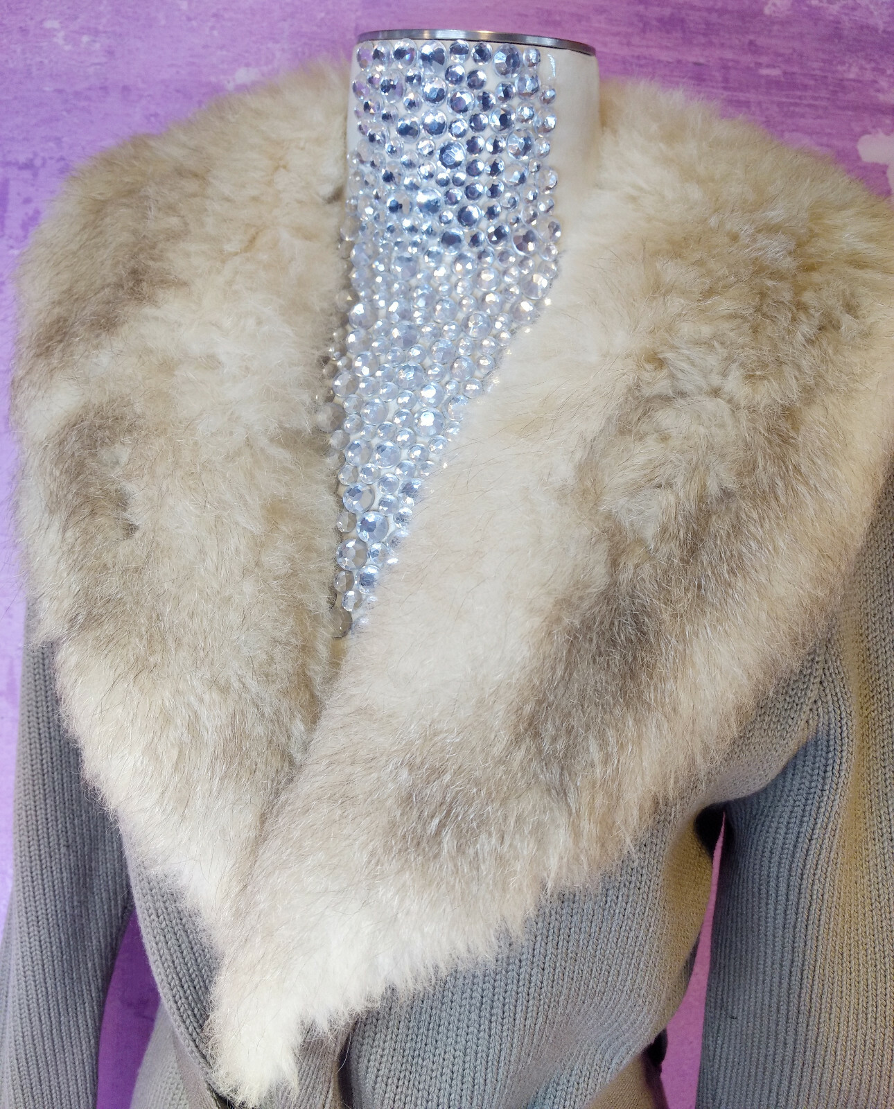 SAKRI Taupe Zephyr Wool Wrap Cardigan Sweater 1960s MCM VTG Fur Collar Tie Belt