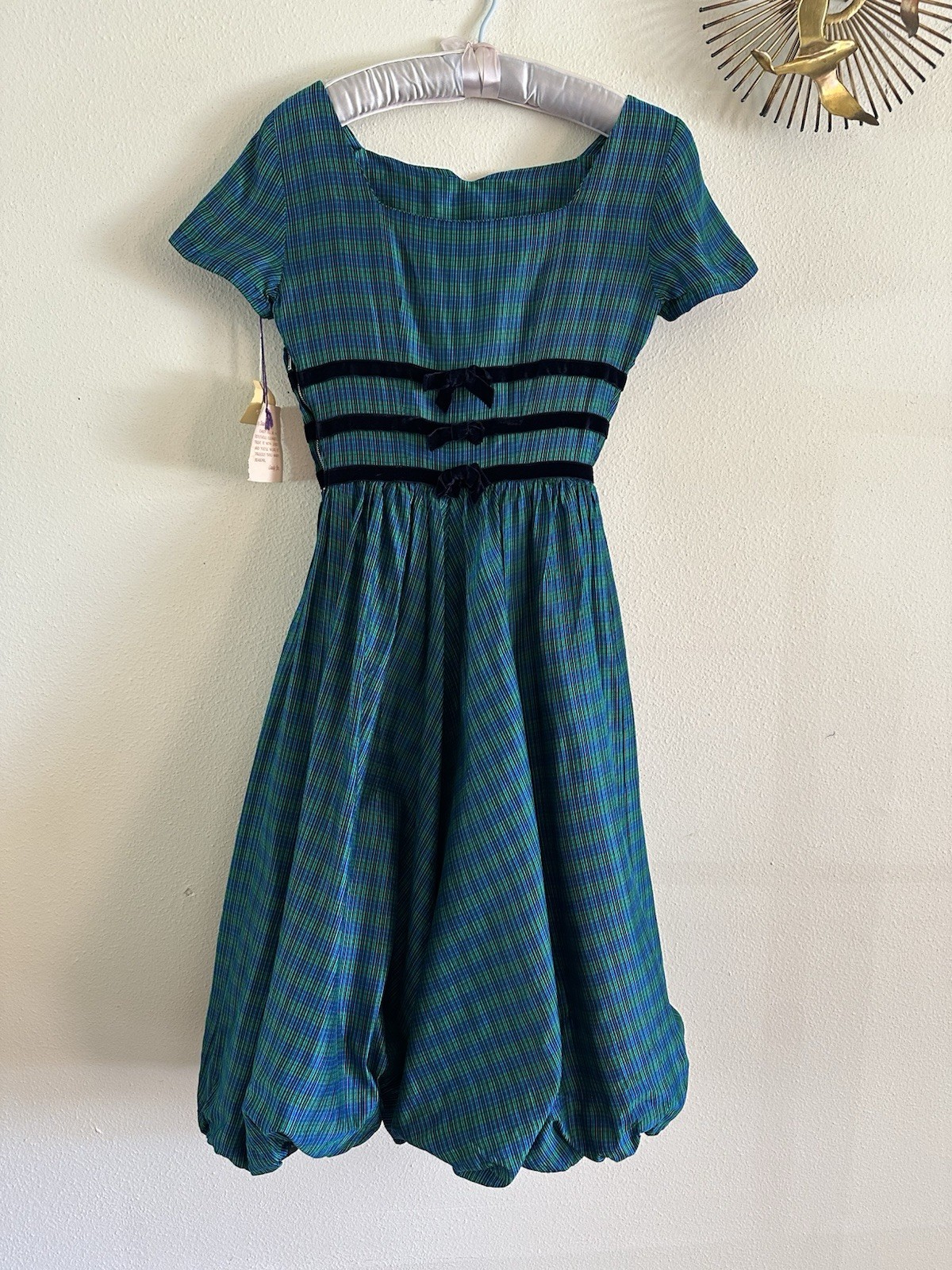 NWT 1950s Candy Jrs Plaid Bubble Hem Pouf Party Dress Velvet Bows Metal Zip VTG