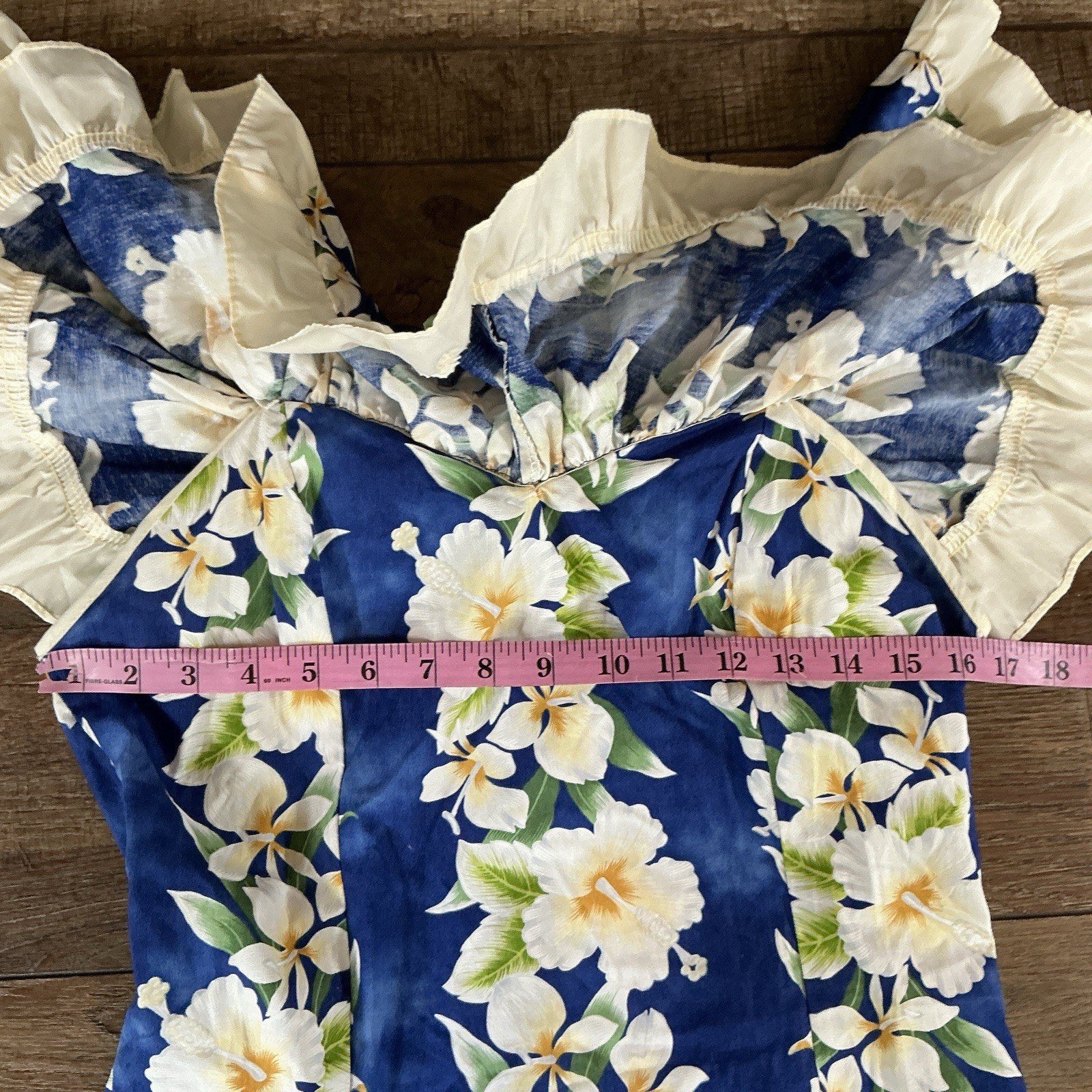 VINTAGE Royal Creations Blue Floral Muumuu Dress Size M Ruffle Hawaii Made #1501