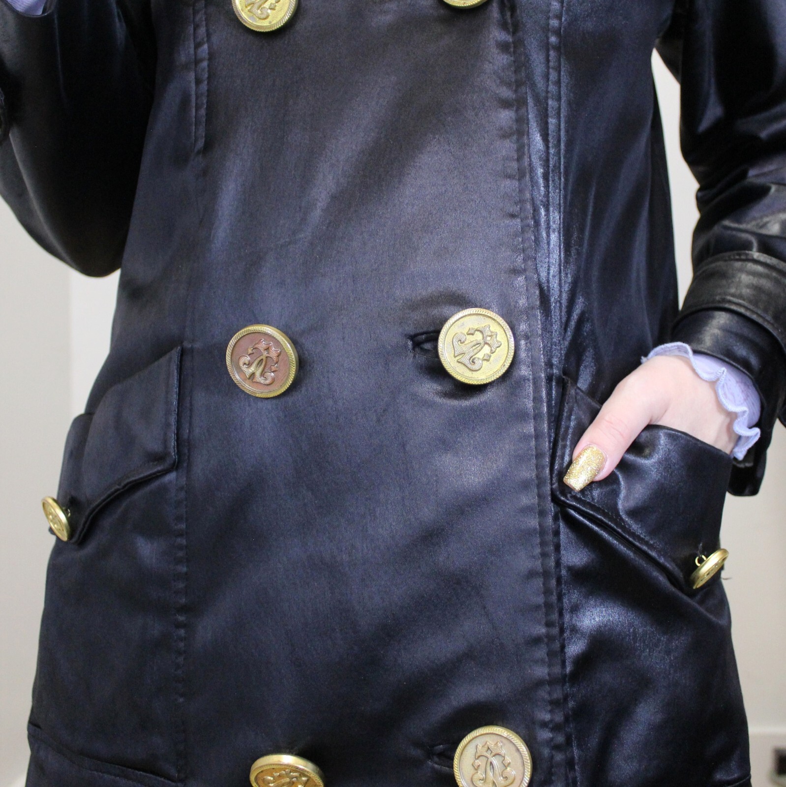 Vintage 60s Gothic Mod Black Satin Trench Coat by Count Romi Double Breasted