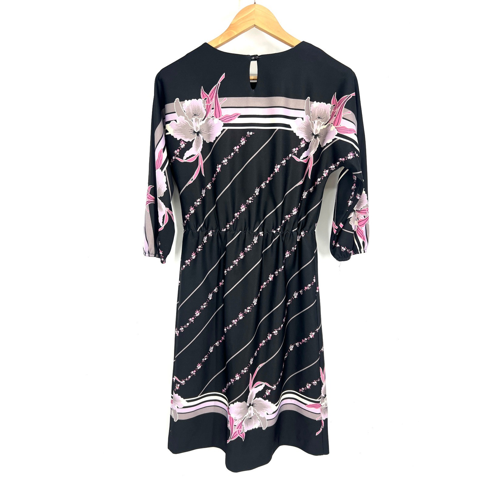 Vintage Avon Fashions Floral Striped Midi Dress Black Pink Purple 7/8 FFA-17782