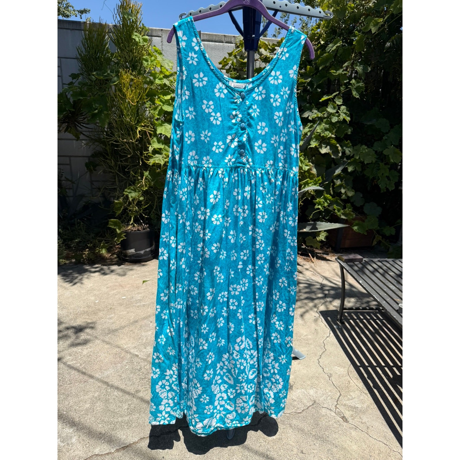 Vintage 90s Jennifer Moore Empire Waist Maxi Dress Large Turquoise White Flowers