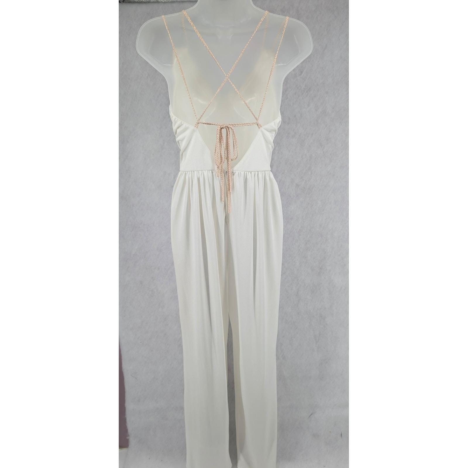 Vintage Jumpsuit Set Ivory White Cowl Neck Open Strappy Back Disco Glam Sz Small