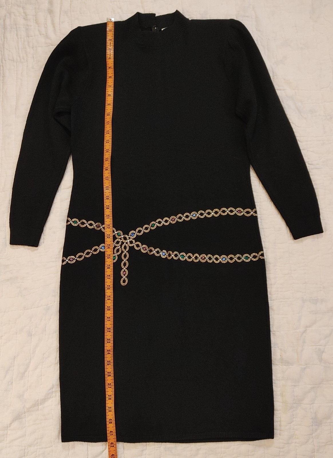 Vintage St John Saks Knit Dress 12 Black Santana Sweater Jeweled Chain Waist 80s
