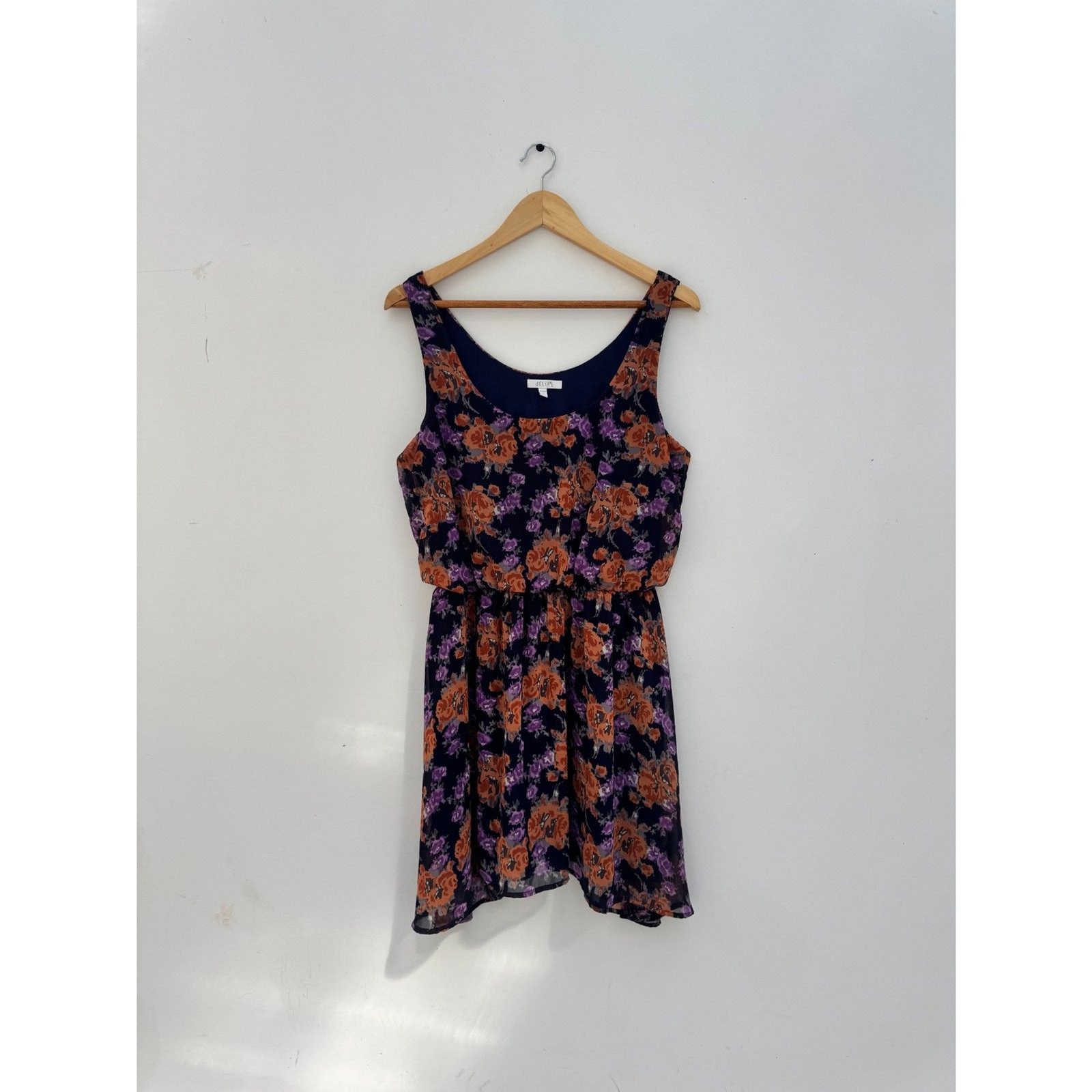 Vintage dELiA*s Navy Floral Chiffon Sundress Purple Orange Roses Size XL
