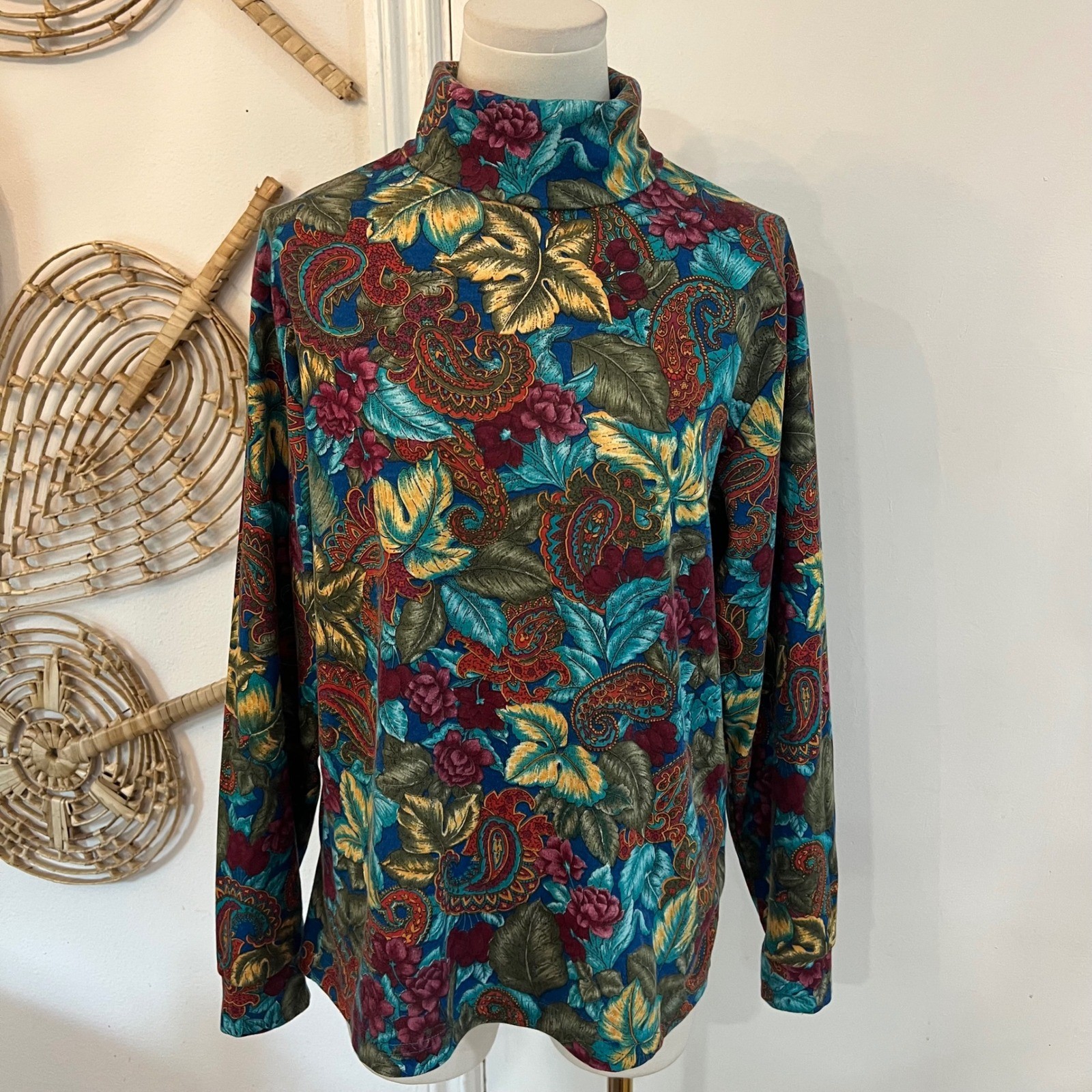 Vintage Arizona Paisley Floral Mock Neck Turtleneck Top 90s Grunge Boho M