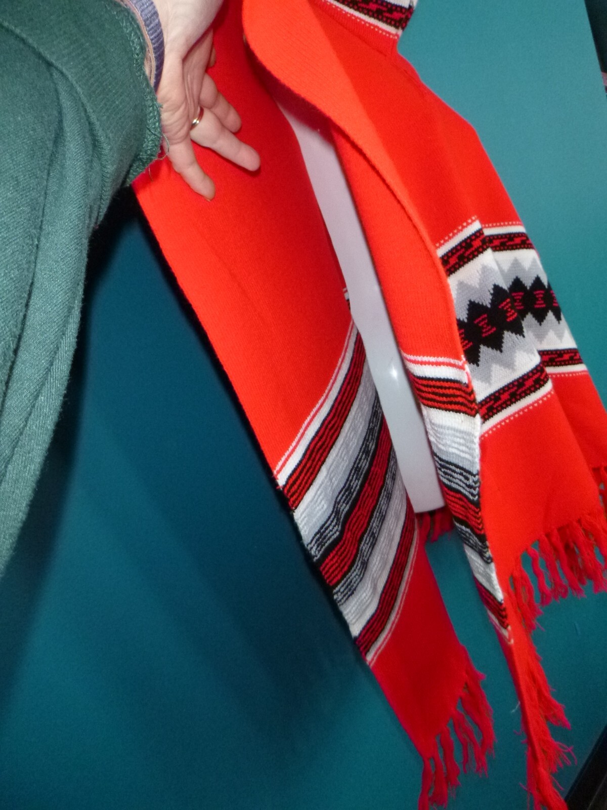 Vtg 60s Acrylic Knit Fringed Poncho Serape Red Gray Black Geometric