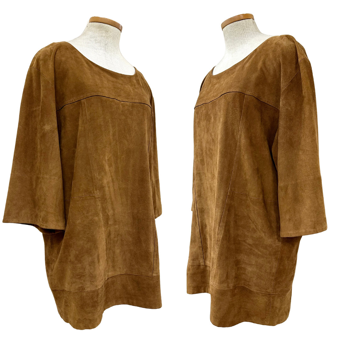 Vintage 1990s Madame A Paris Suede Slouchy Camel Mini Dress with 3/4 Sleeves