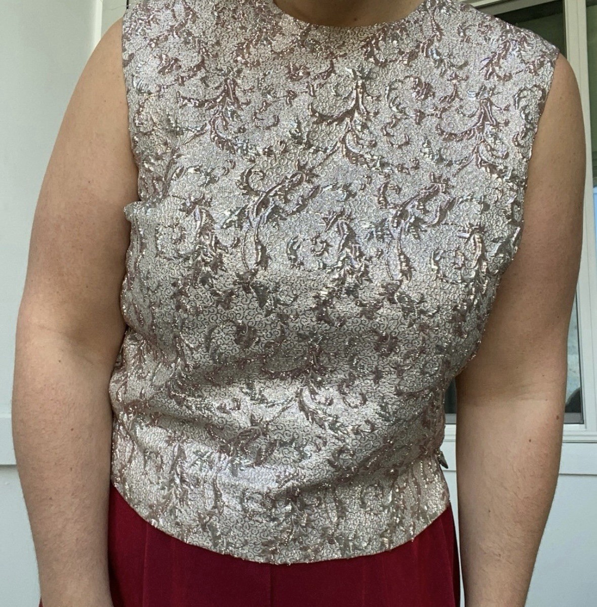Vintage Malbe Original Rose Gold Metallic Brocade Sleeveless Top Size 15/16 (L)
