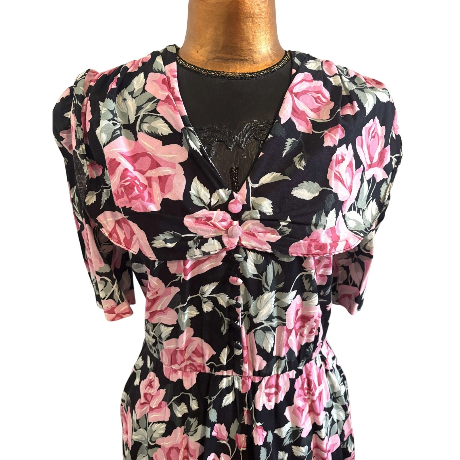 Vintage 1980s Tiona Barrie Pink Black Floral Dress Short Sleeves Size 12 Made US