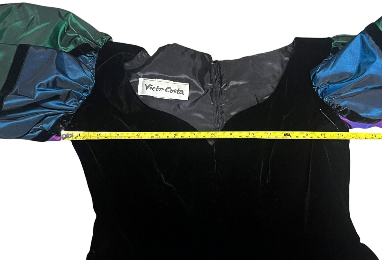 Vtg Nieman’s Victor Costa iridescent Taffeta Black Velvet Petticoat Dress Sz 10