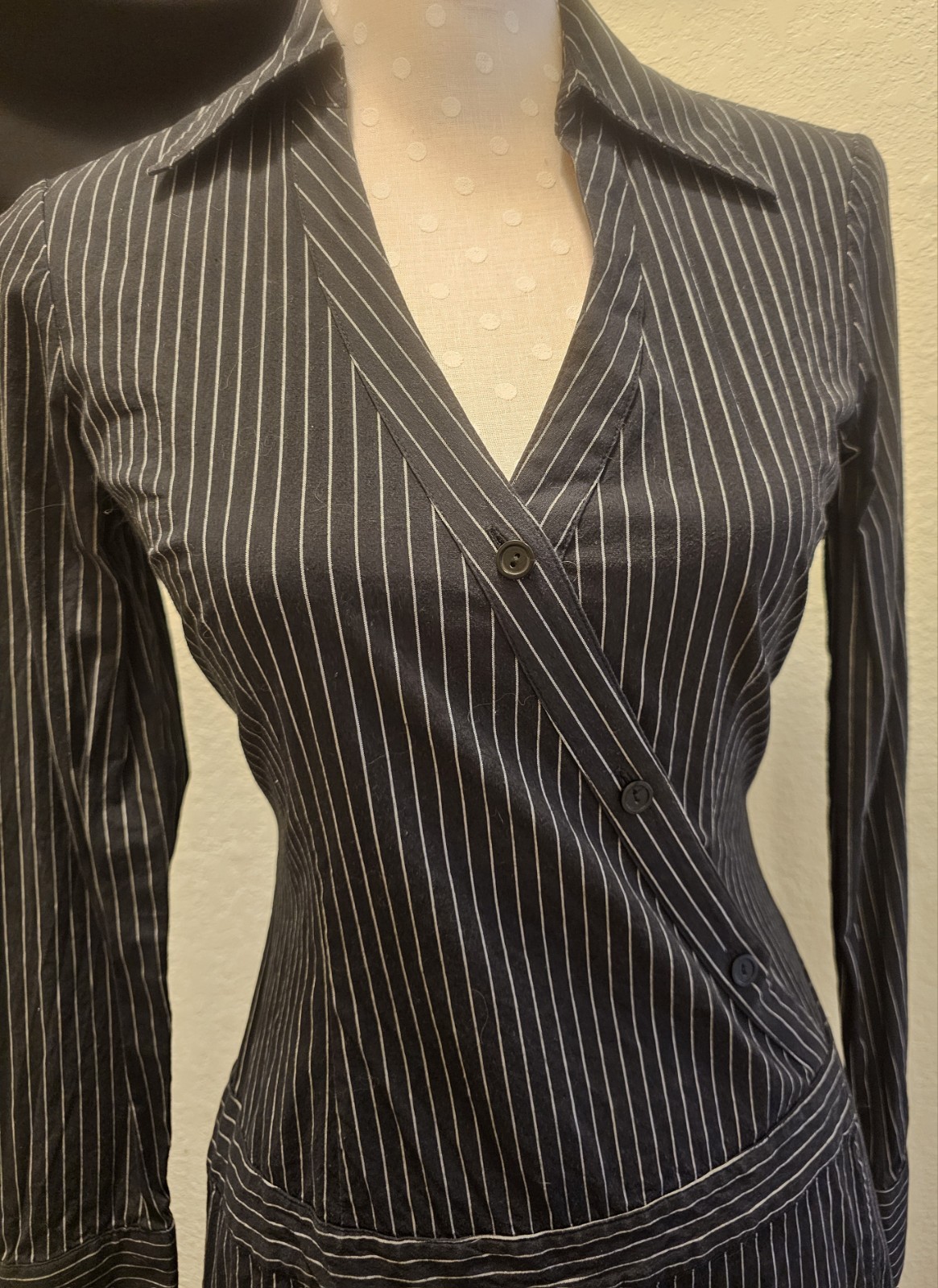 Y2K Vintage Aqua Blues Pinstripe Mini Dress Sz 5 Longsleeve Wrap dress