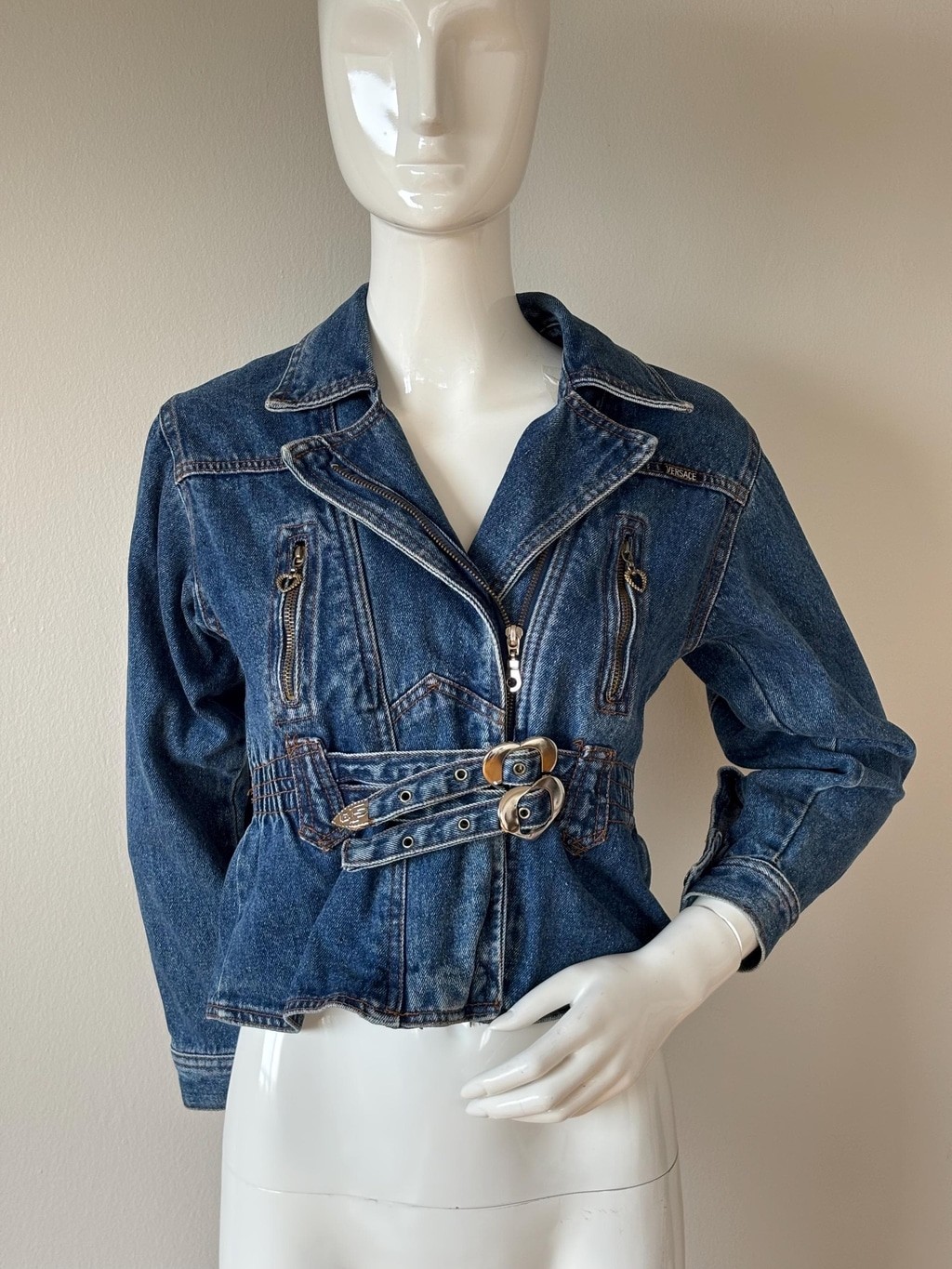 Vintage Versace Jeans Couture Y2K Denim Biker Jacket Medusa Size S