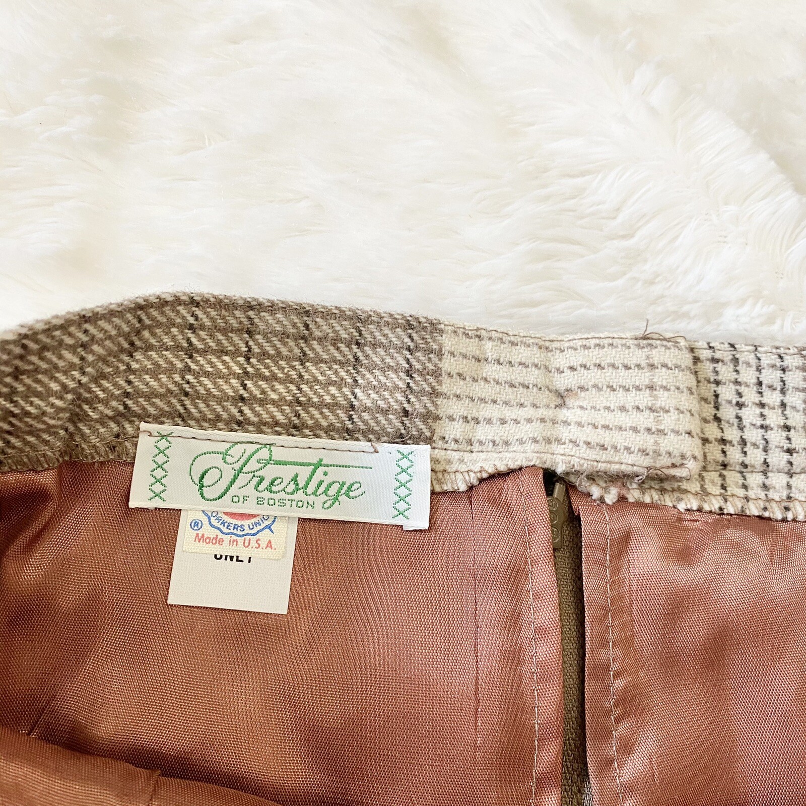Prestige Of Boston Vintage Plaid Wool Pencil Skirt Beige & Cream Size 14 Classic