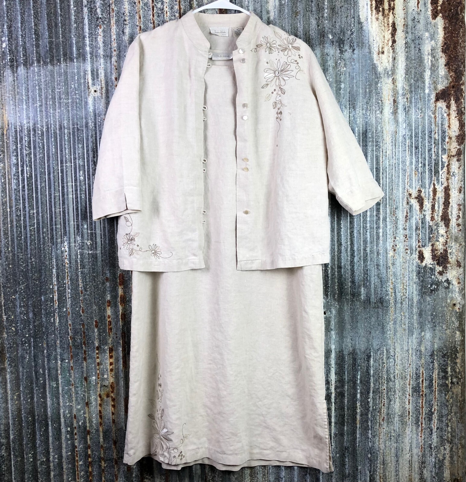 Studio Works Dress + Jacket Oatmeal Linen Womens M/L Embroidered Secretary