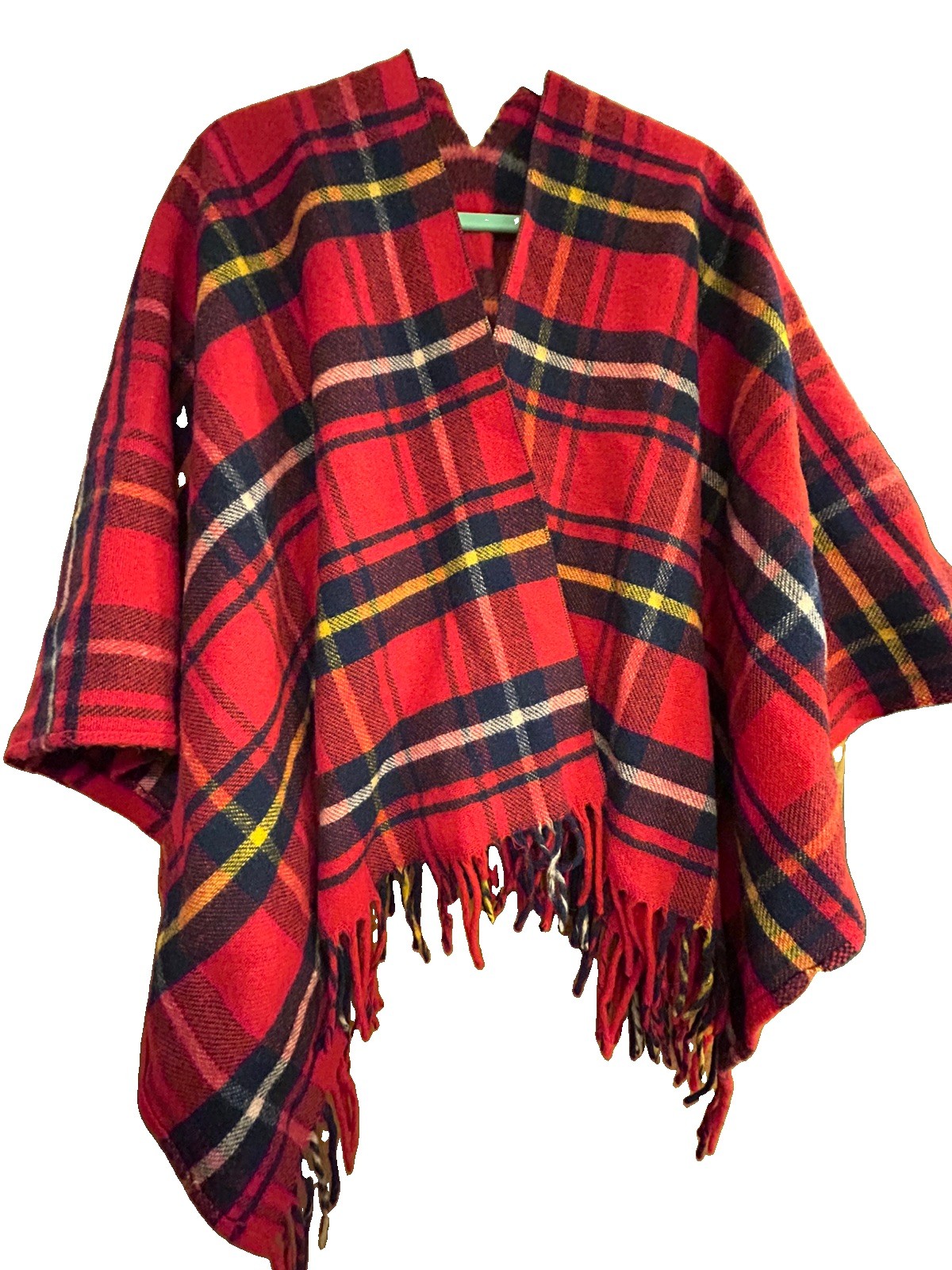 Vintage Saks Fifth Avenue Red Navy Yellow Wool Tartan Plaid Poncho Cape Fringe