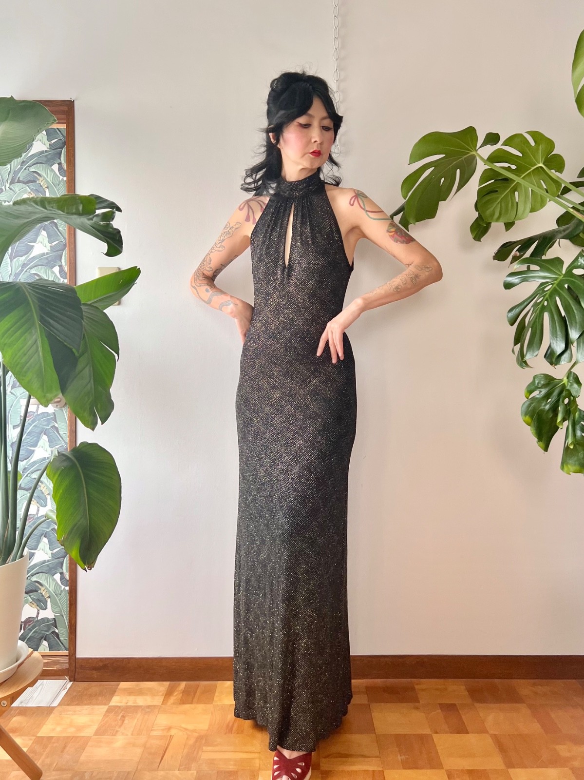 90s Does 70s Caché Open Back Black Glitter Keyhole Halter Maxi Dress Disco Gown