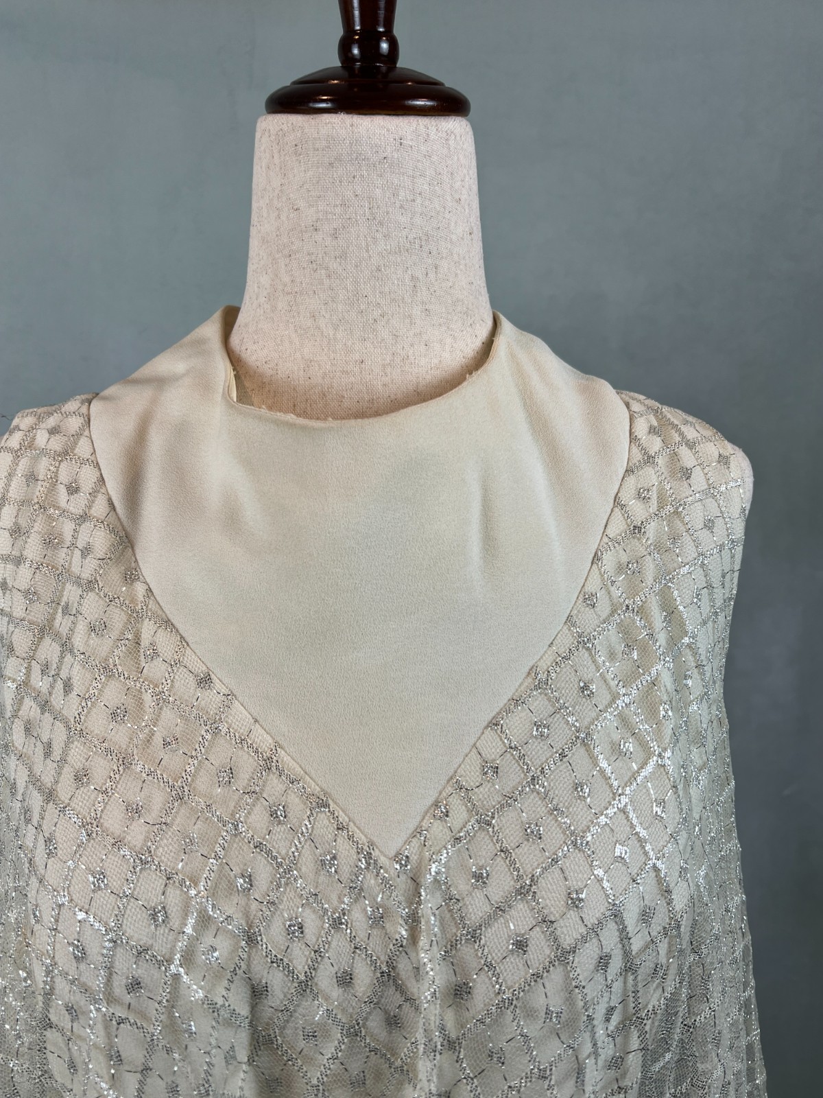 VTG 60’S DESERT FASHIONS LARRY SAKIN CREME SILVER LACE COCKTAIL WEDDING DRESS