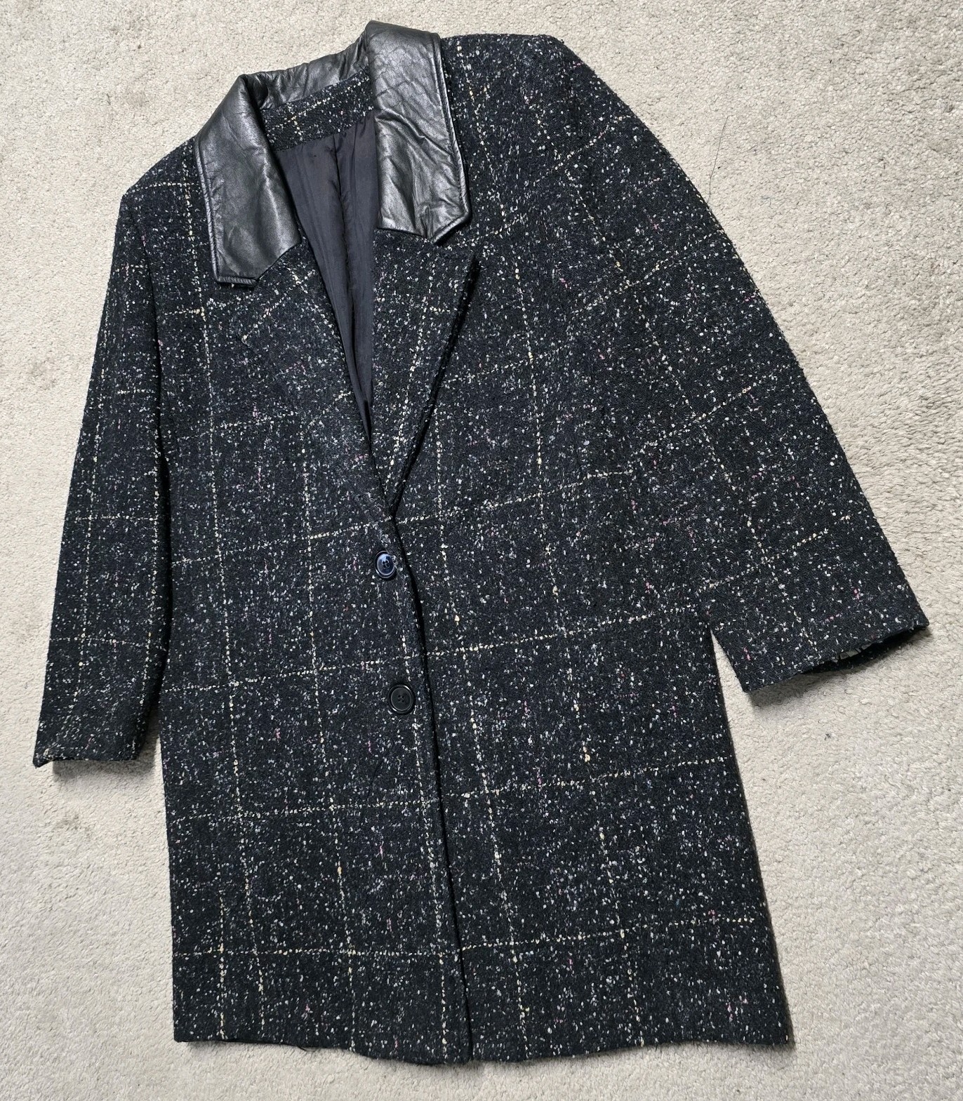 Vintage Coat 80s Long Oversized Black Tweed Blazer Jacket Leather Collar Sz 8