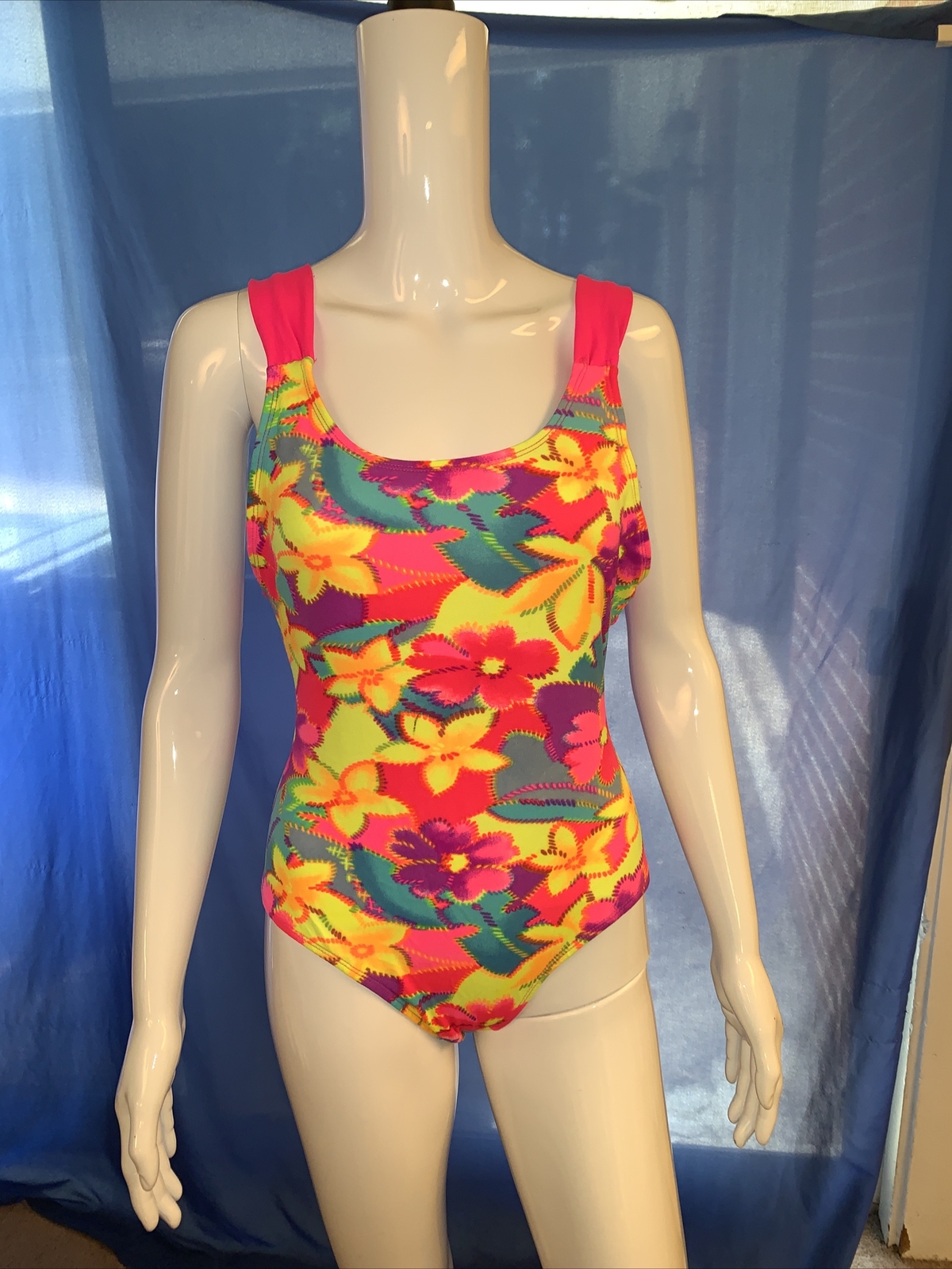 Vintage 80s Action Max floral neon aerobic workout leotard Girls 16