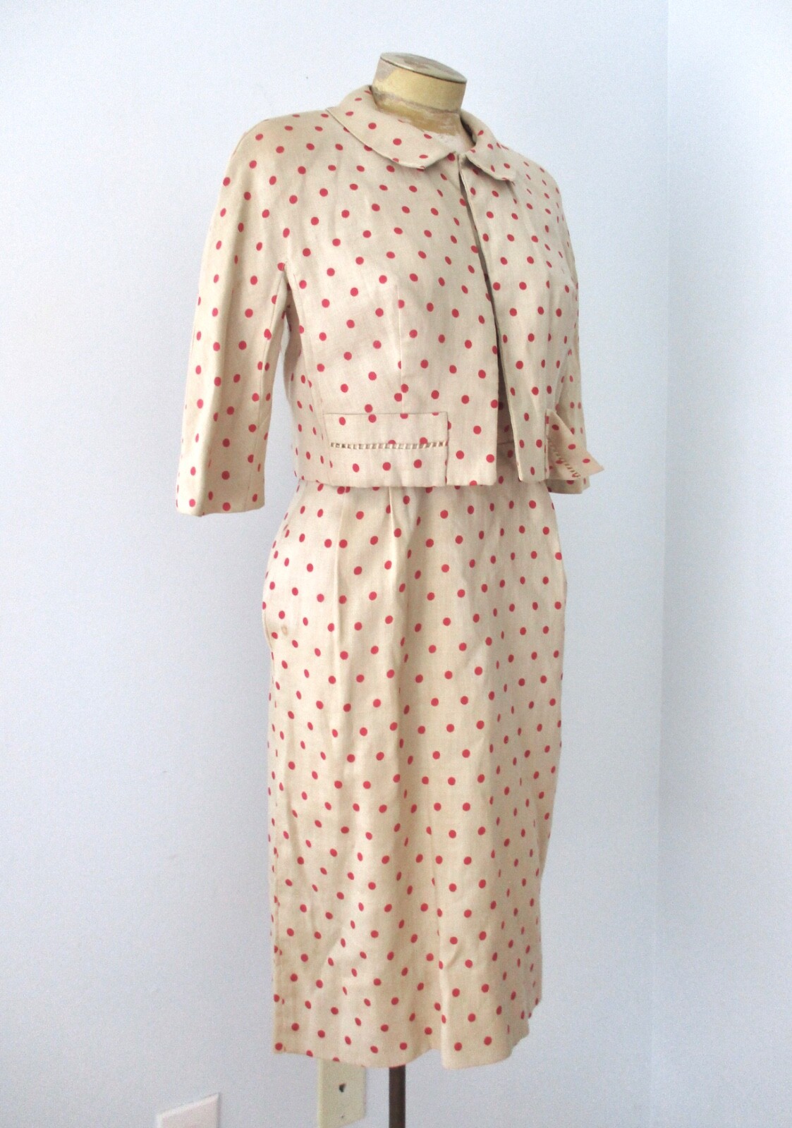 Vtg 50s 60s tan brown red polka dot 2-pc secretary dress cropped jacket suit M