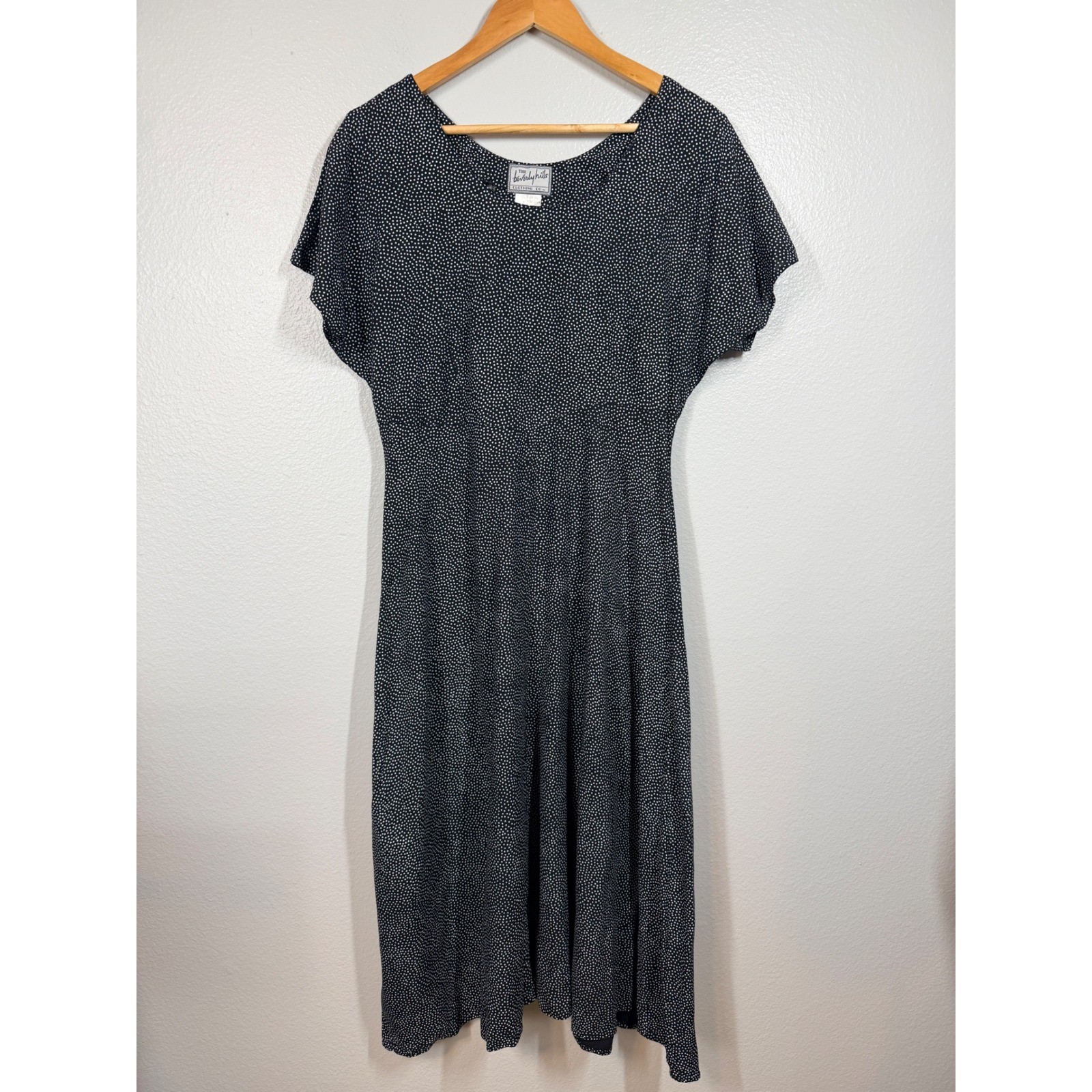 Retro 90’s A-Line Dress Womens S Black Polka Dot Midi Rayon Vintage