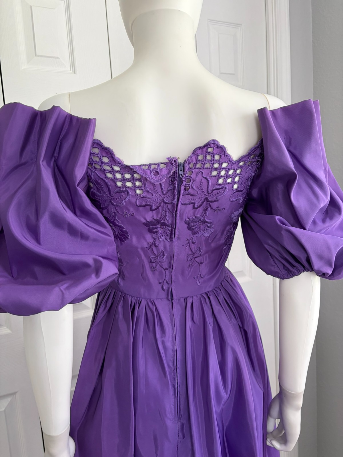 vintage 80s purple off the shoulder bodice midi dress
