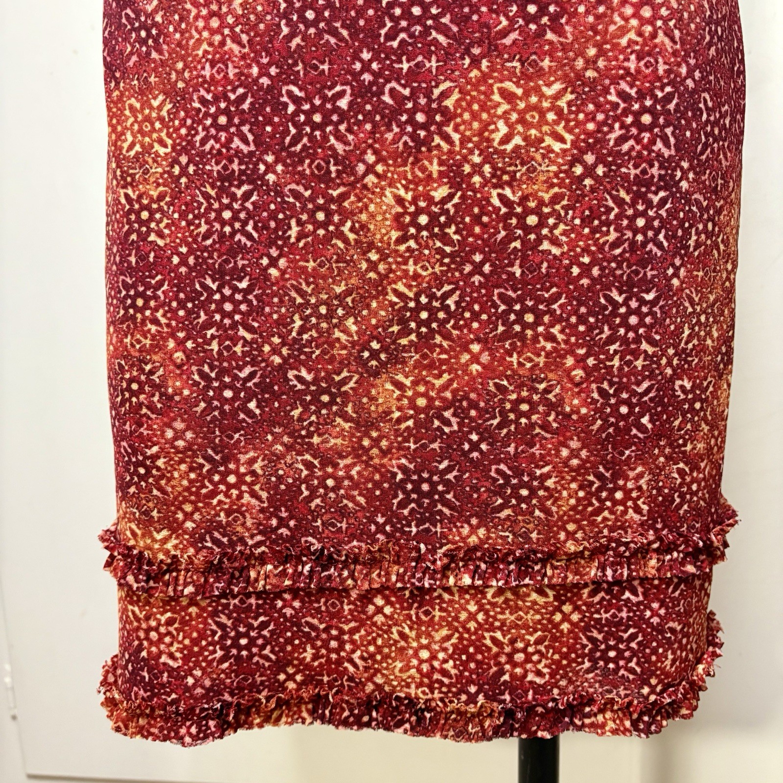 Vintage 90s IZ Byer California Red Mesh Boho Print Spaghetti Strap Mini Dress