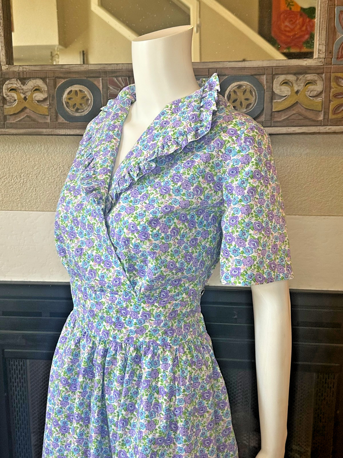 Vtg Lg 1950s Full Skirt Day Dress tea collared Handmade Floral a-line MCM Party