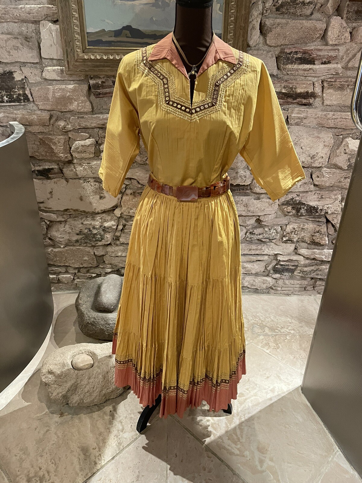Incredible 1950s Golden Yellow and Salmon Patio Fiesta Set Size S/M