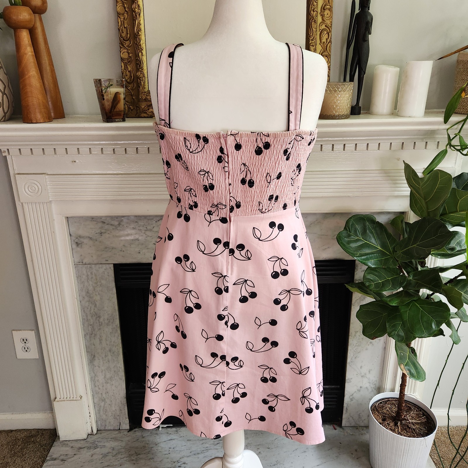 Vintage 90s Pink Cherry Print Dress Sz 12 Black Rockabilly Pinup Twee Retro