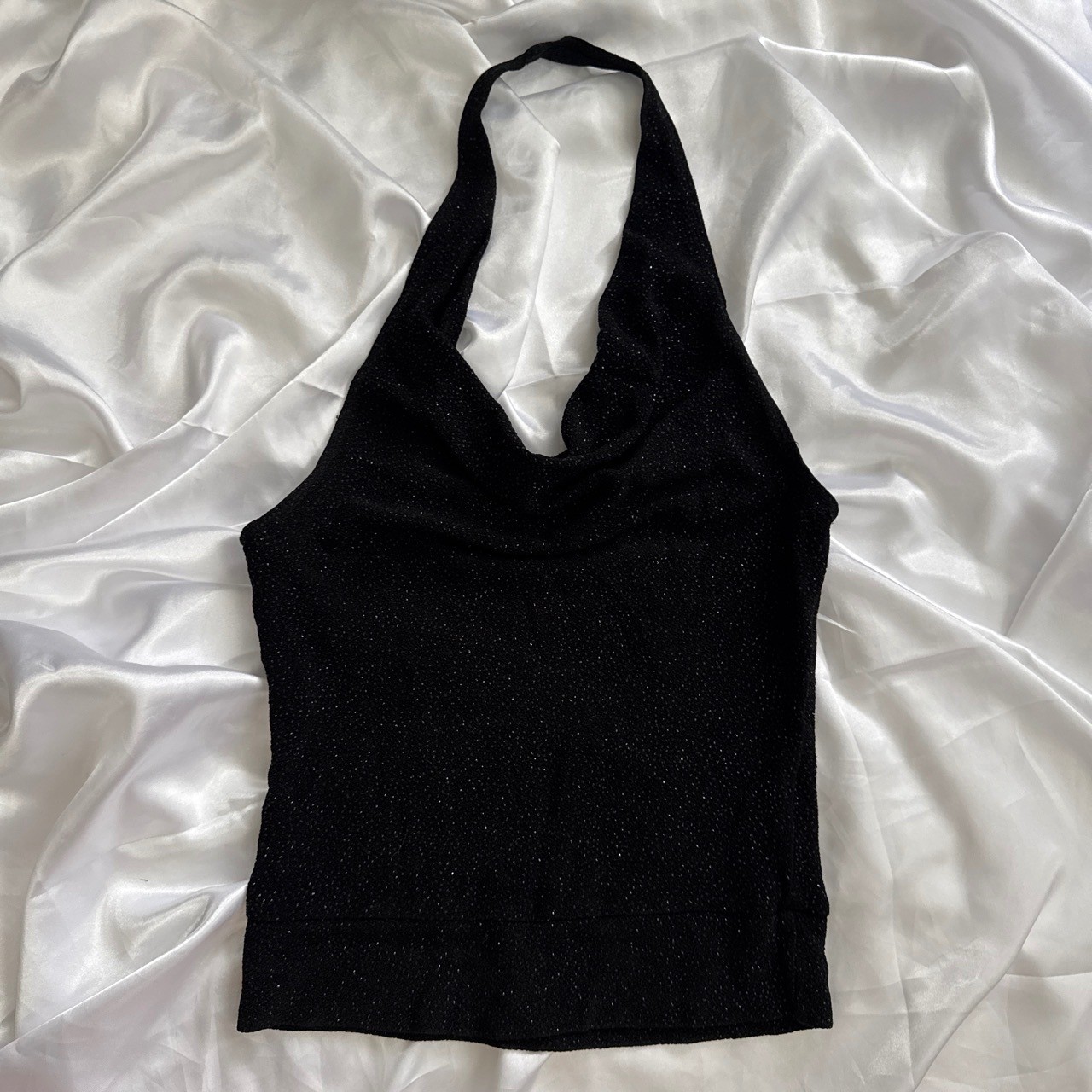 Vintage Wet Seal Black Glitter Halter Top Cowl Neck Backless Y2K Small