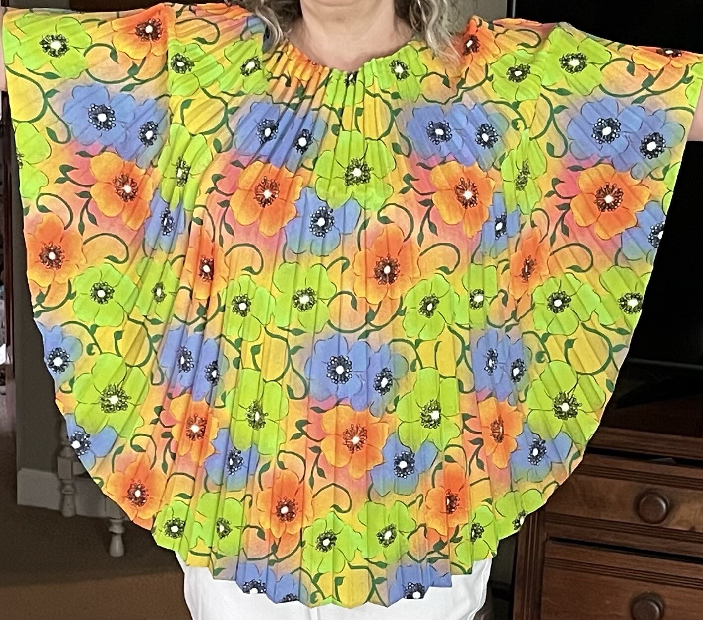 Vintage 70’s Greencastle Accordion Pleated Green Orange Floral Blouse Tropical
