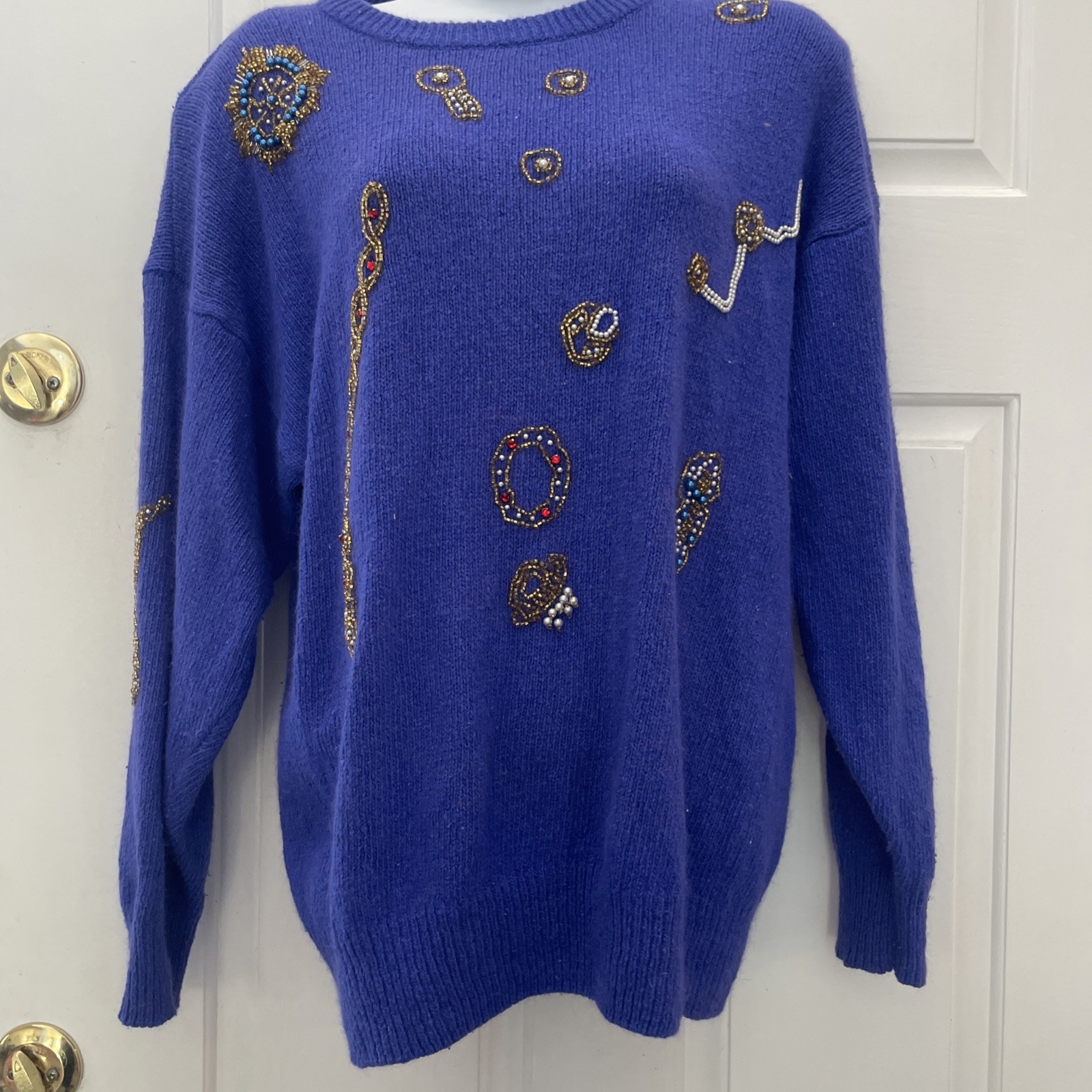 Vintage 80s Anytime Glitz Blue Beaded Sweater Womans Large Retro Glam