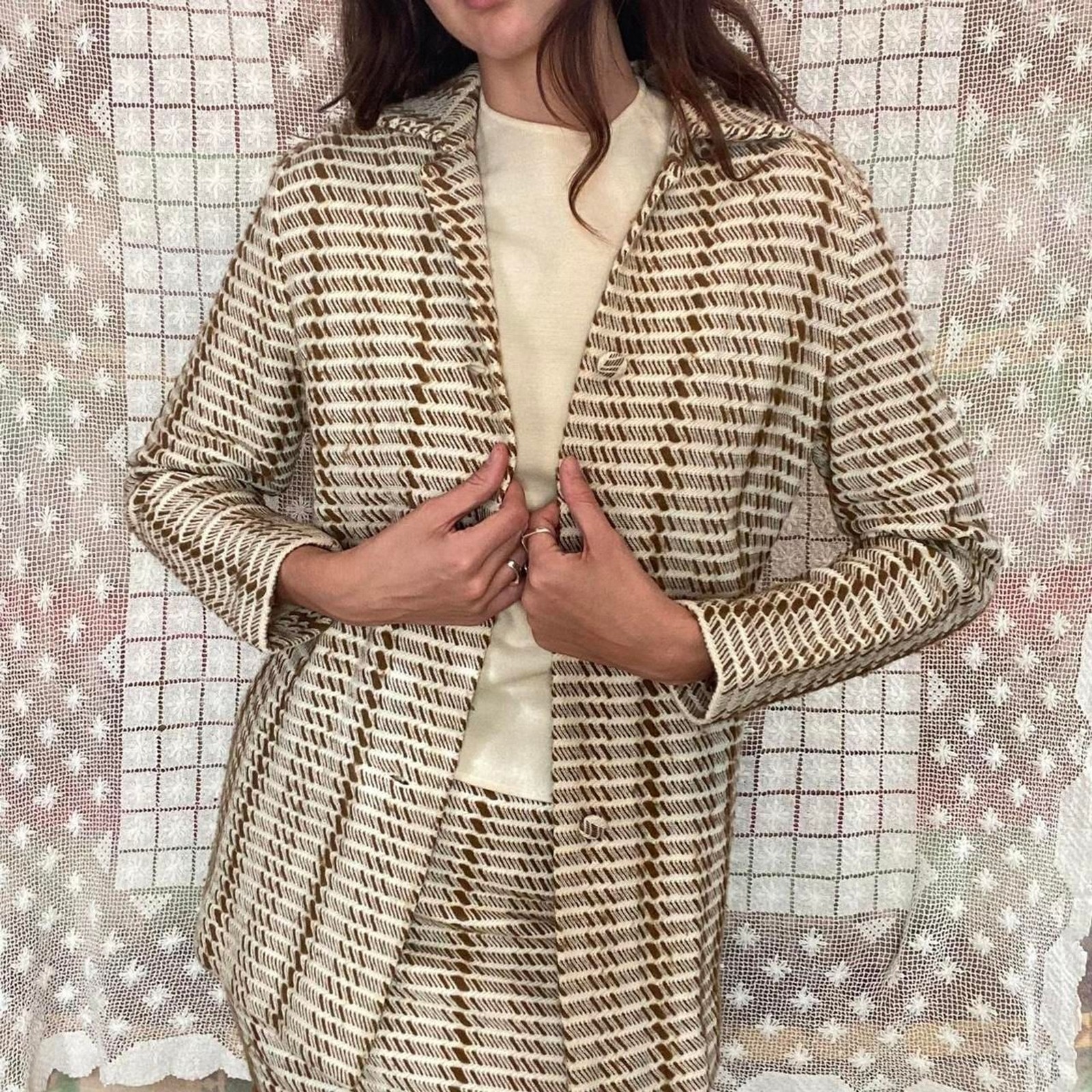 1960s Cadillac Italian wool cream and olive colored wool blend 3 piece set
