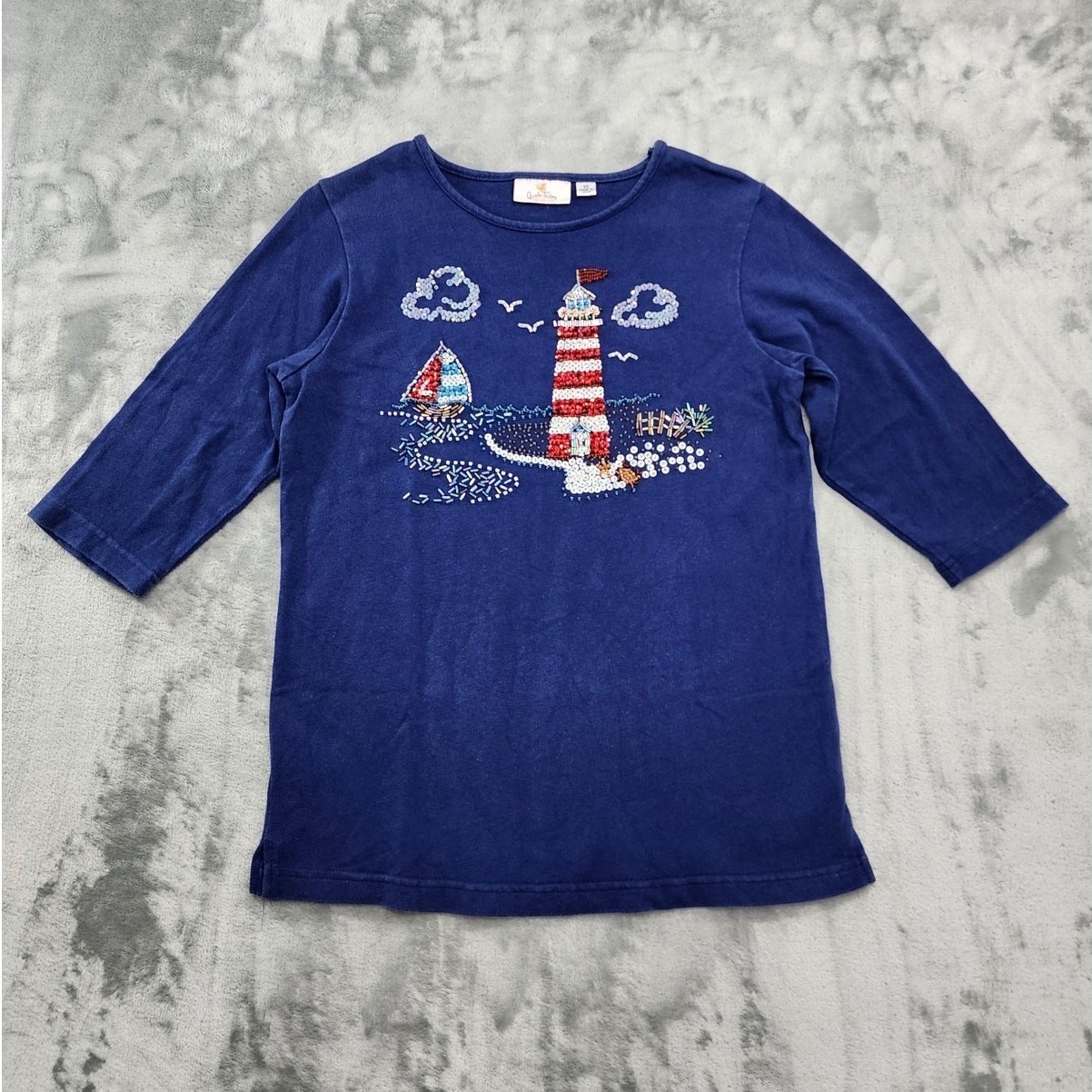 Vintage Quacker Factory Top Womens XS Blue Beaded Sequins Lighthouse Nautical