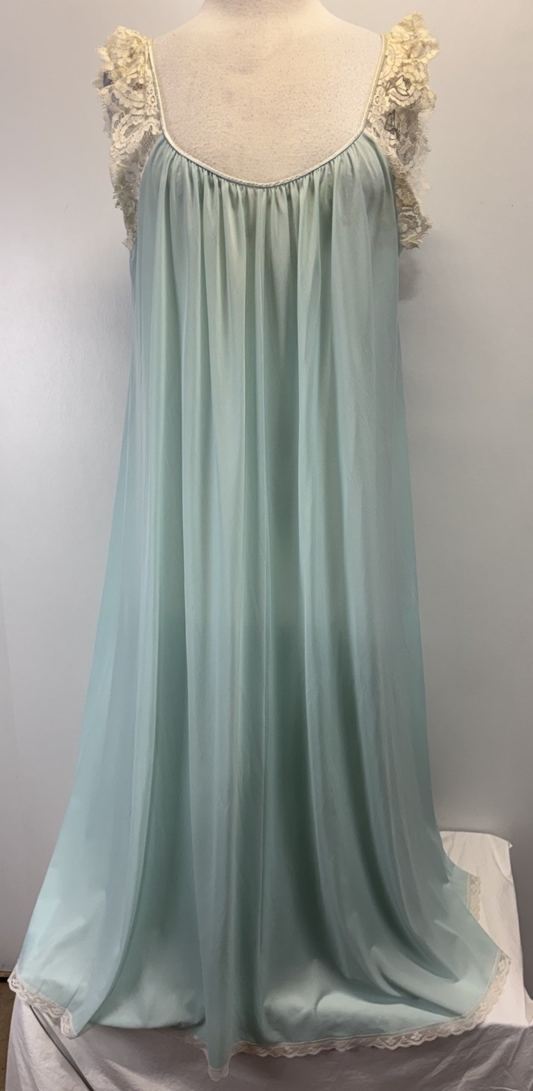 Vtg Lucie Ann Nightgown Light Blue Lace Straps Full Length 70s 46” Chest FLAWS