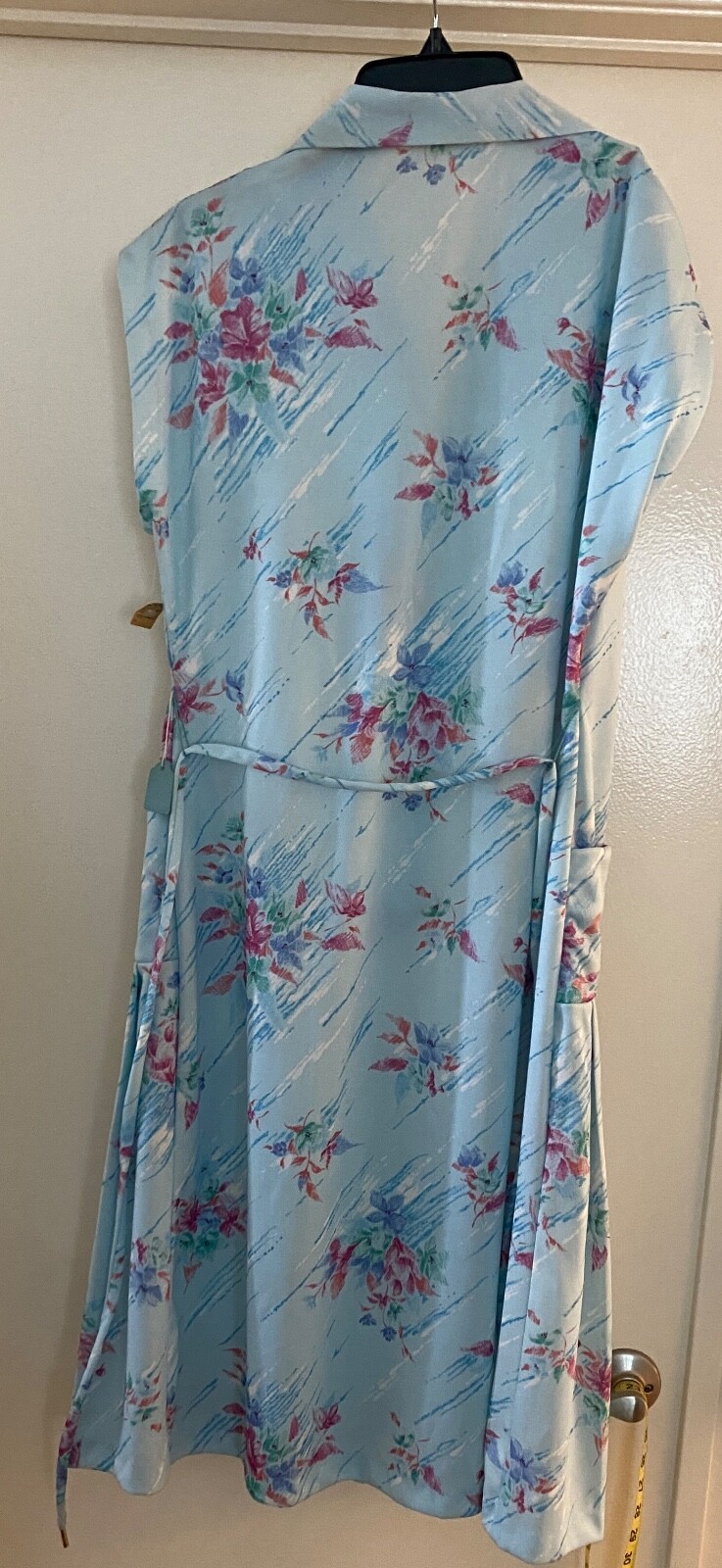 VTG 70s House Dress Women Floral Vneck Collar Button Tie Waist Blue Pink Floral